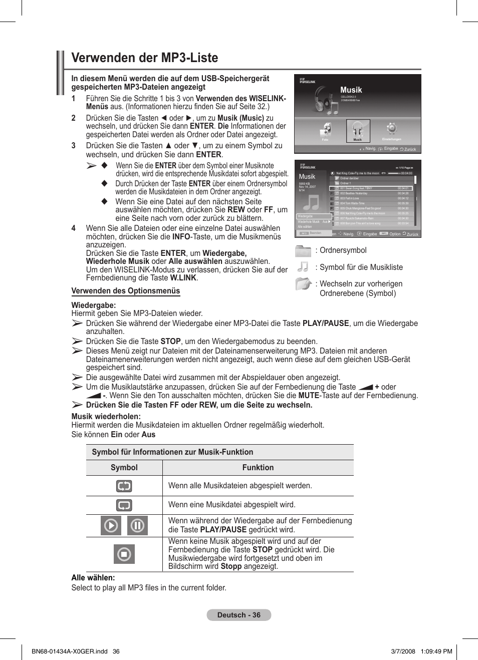 Verwenden der mp3-liste | Samsung PS50A551S3R User Manual | Page 137 / 601