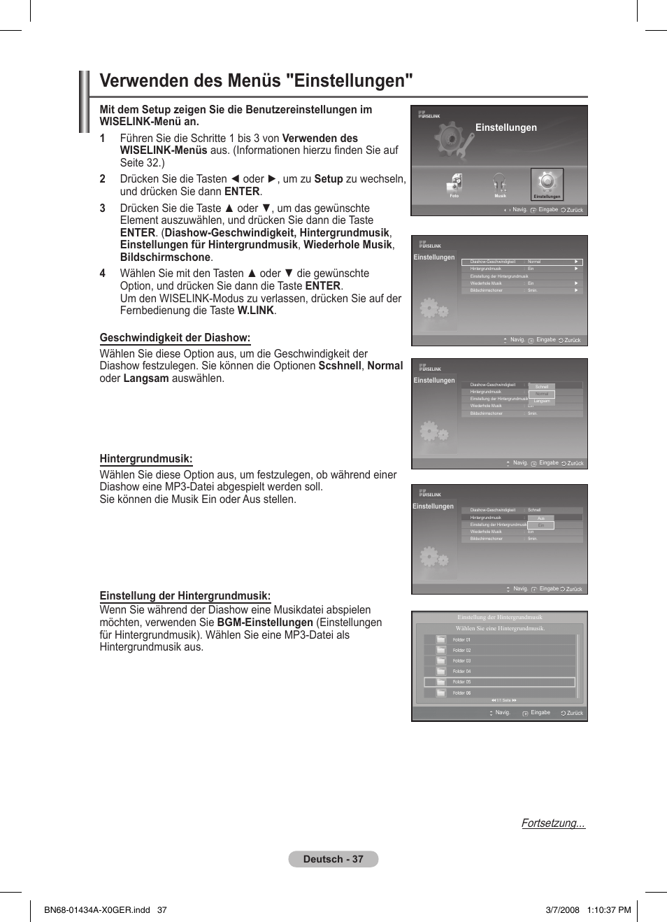 Verwenden des menüs "einstellungen, Fortsetzung, Deutsch - 37 | Einstellungen | Samsung PS50A551S3R User Manual | Page 138 / 601