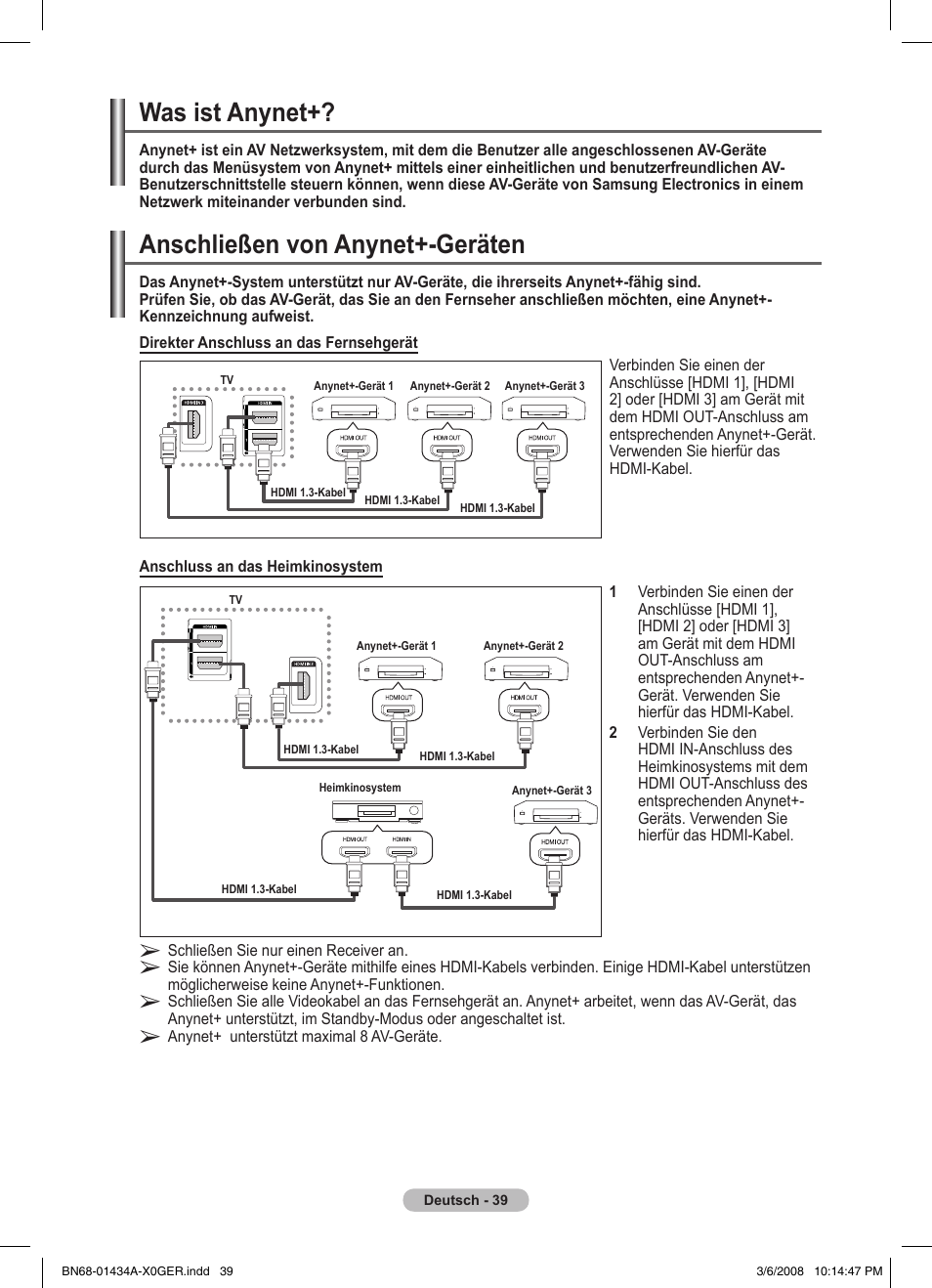 Was ist anynet, Anschließen von anynet+-geräten | Samsung PS50A551S3R User Manual | Page 140 / 601