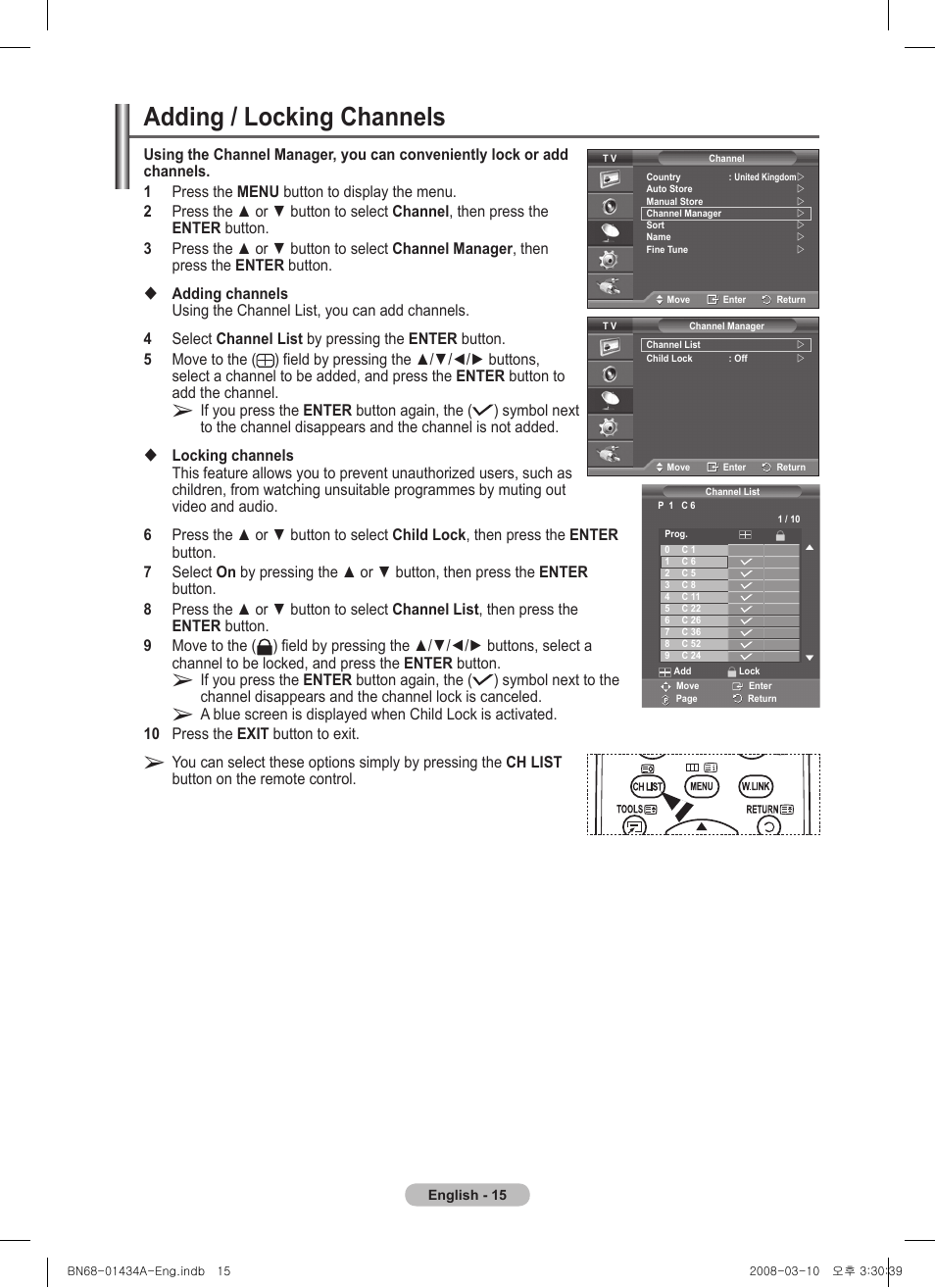 Adding / locking channels | Samsung PS50A551S3R User Manual | Page 15 / 601