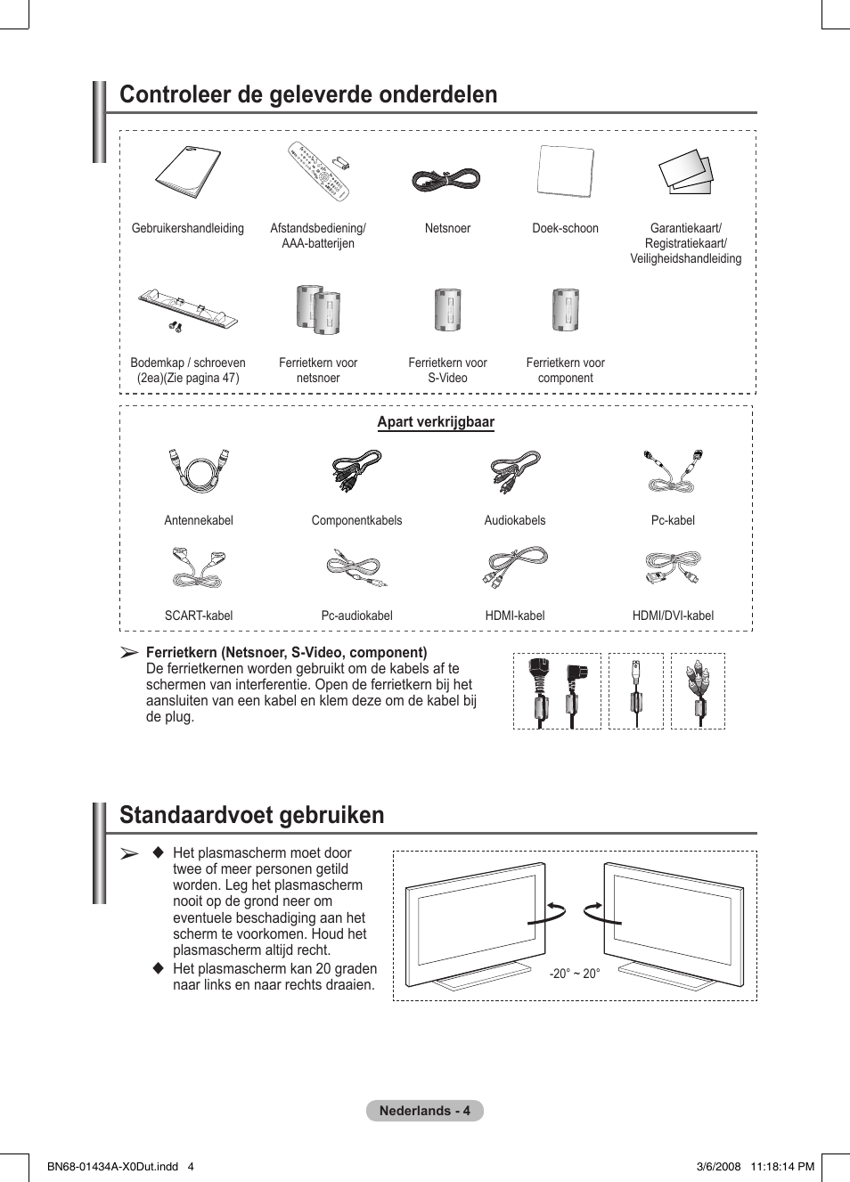 Standaardvoet gebruiken, Controleer de geleverde onderdelen | Samsung PS50A551S3R User Manual | Page 155 / 601