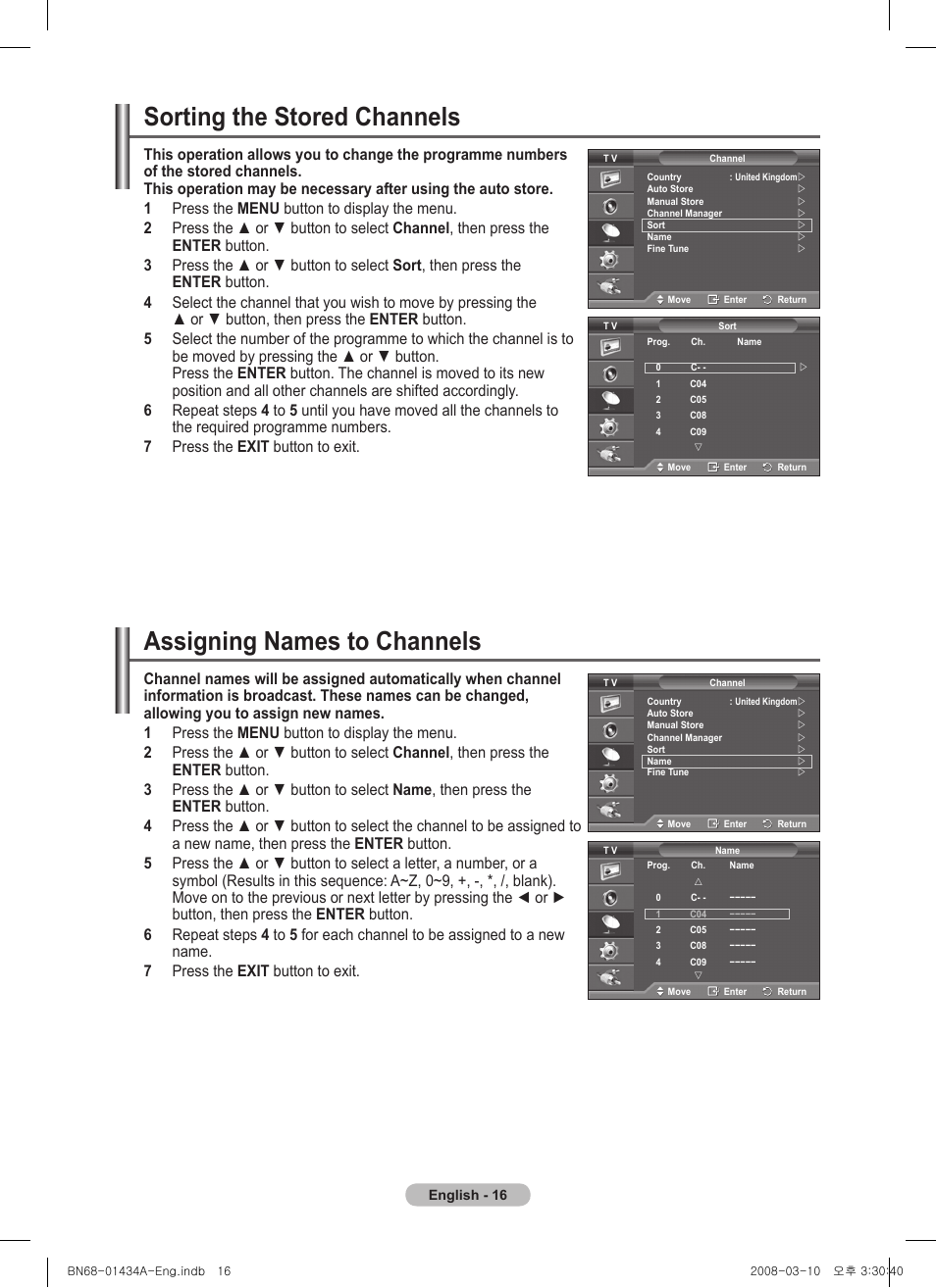 Sorting the stored channels, Assigning names to channels | Samsung PS50A551S3R User Manual | Page 16 / 601