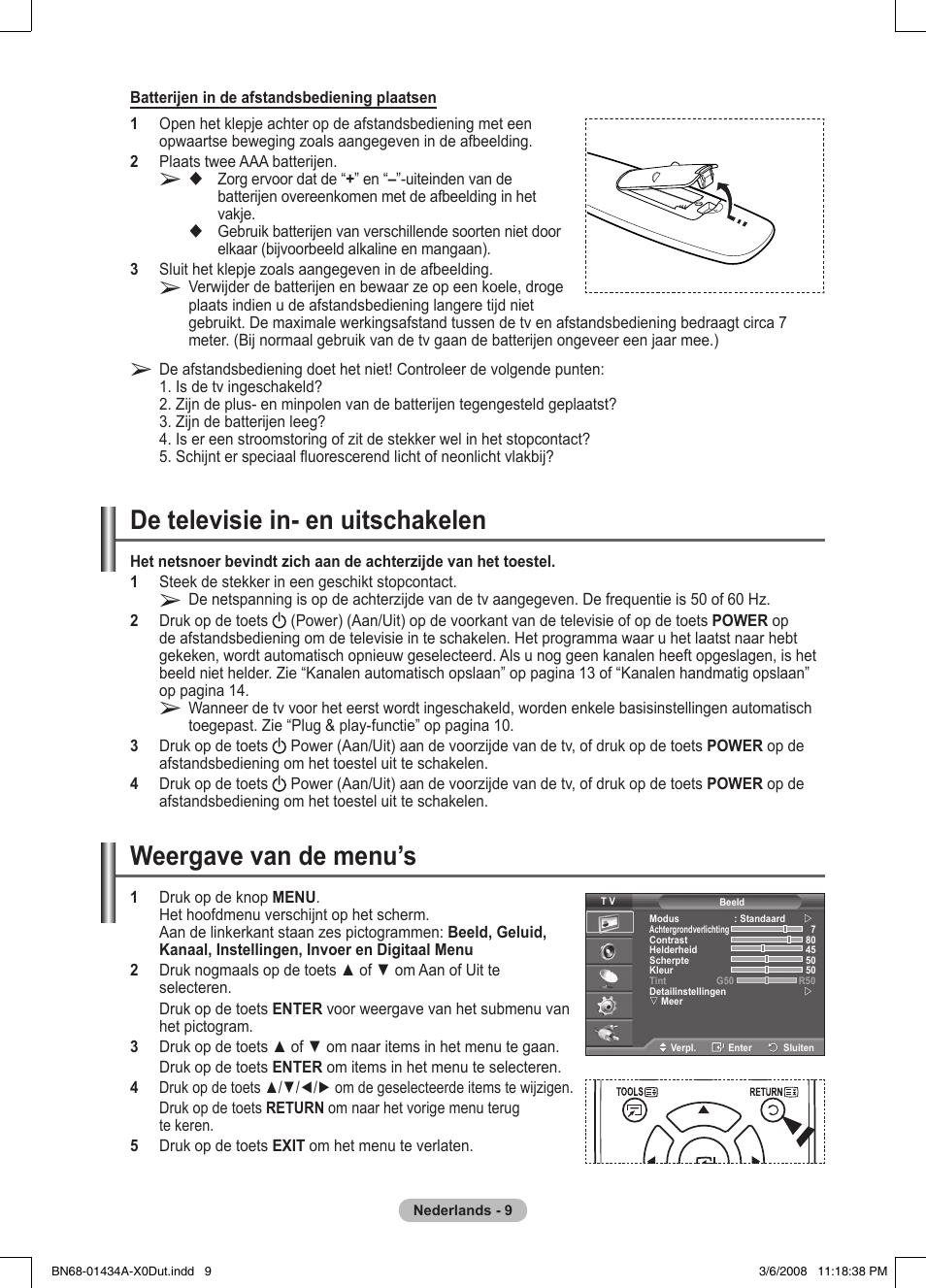 De televisie in- en uitschakelen, Weergave van de menu’s | Samsung PS50A551S3R User Manual | Page 160 / 601