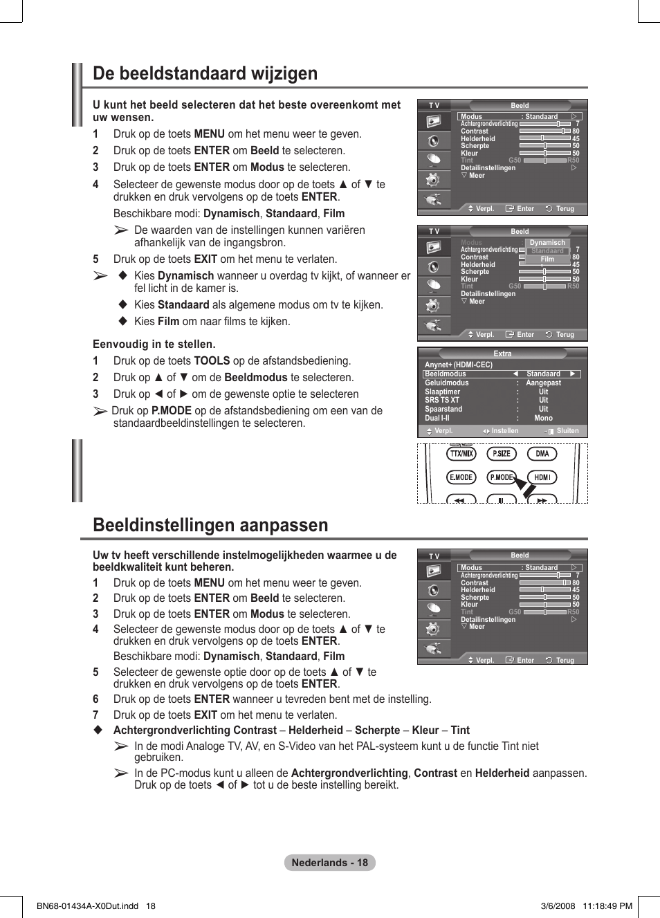 De beeldstandaard wijzigen, Beeldinstellingen aanpassen, Kies standaard als algemene modus om tv te kijken | Samsung PS50A551S3R User Manual | Page 169 / 601