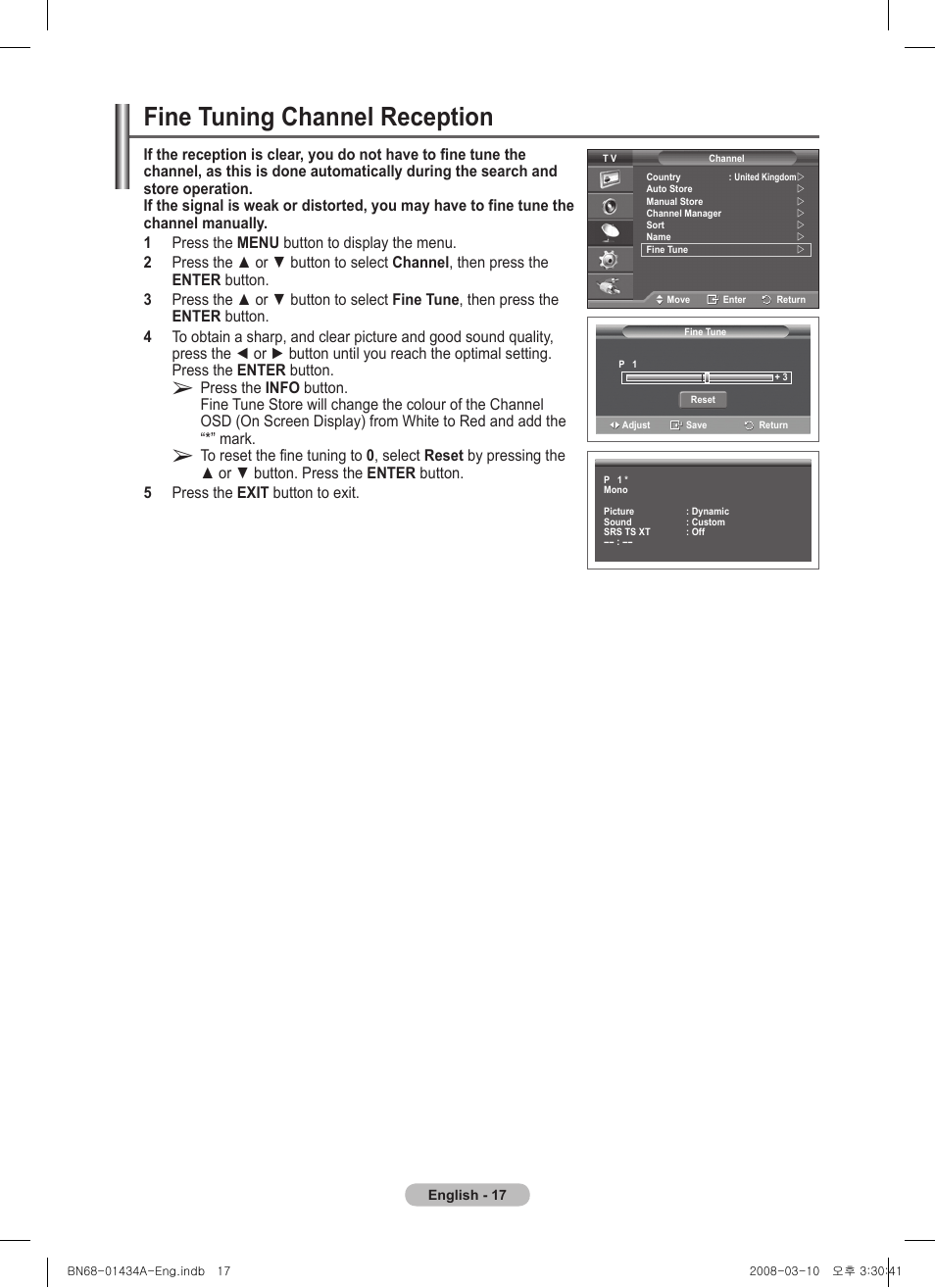 Fine tuning channel reception | Samsung PS50A551S3R User Manual | Page 17 / 601