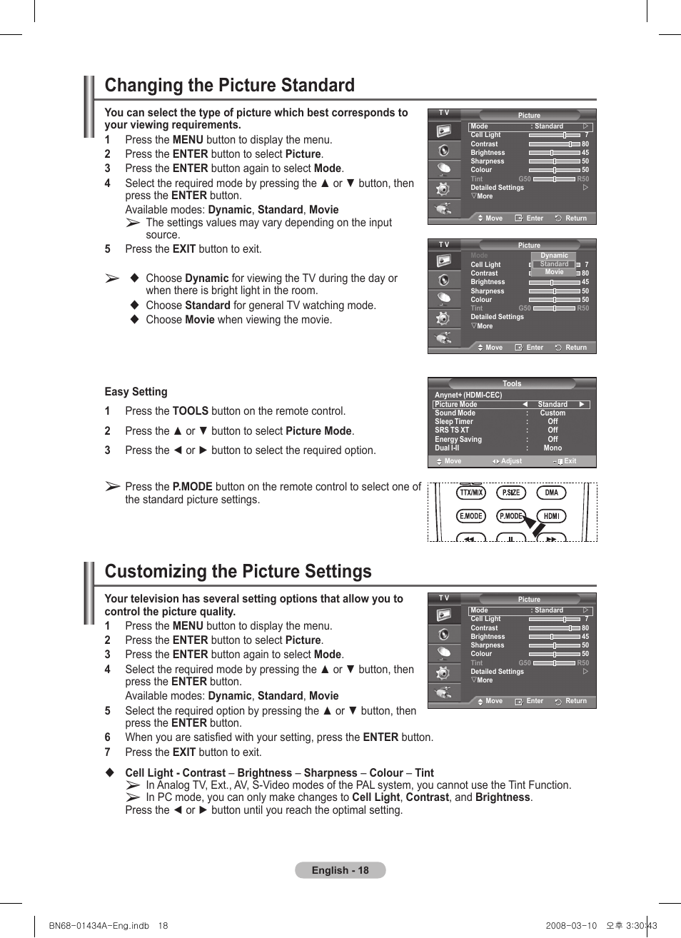 Changing the picture standard, Customizing the picture settings | Samsung PS50A551S3R User Manual | Page 18 / 601