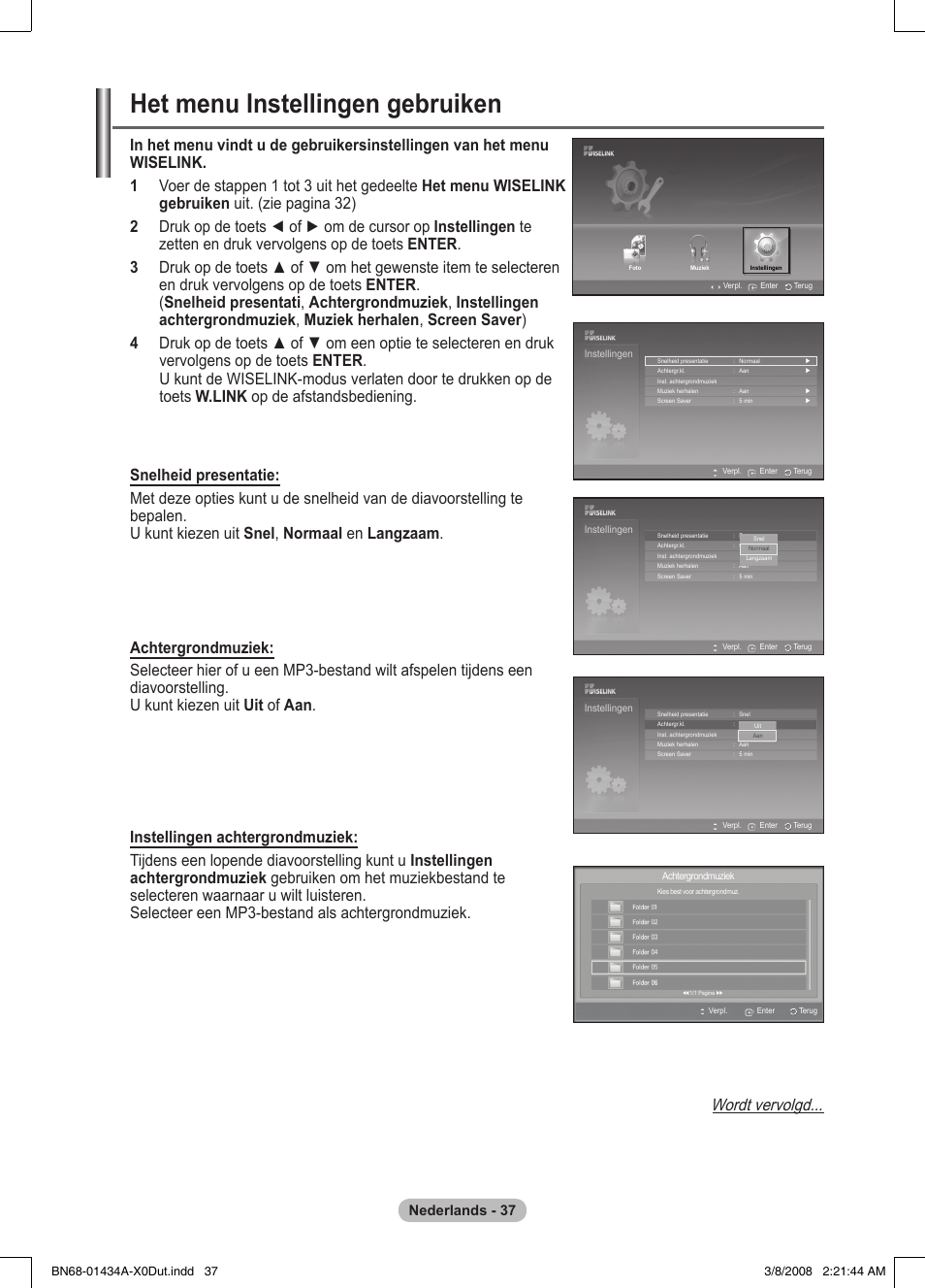 Het menu instellingen gebruiken, Wordt vervolgd, Nederlands - 37 | Samsung PS50A551S3R User Manual | Page 188 / 601