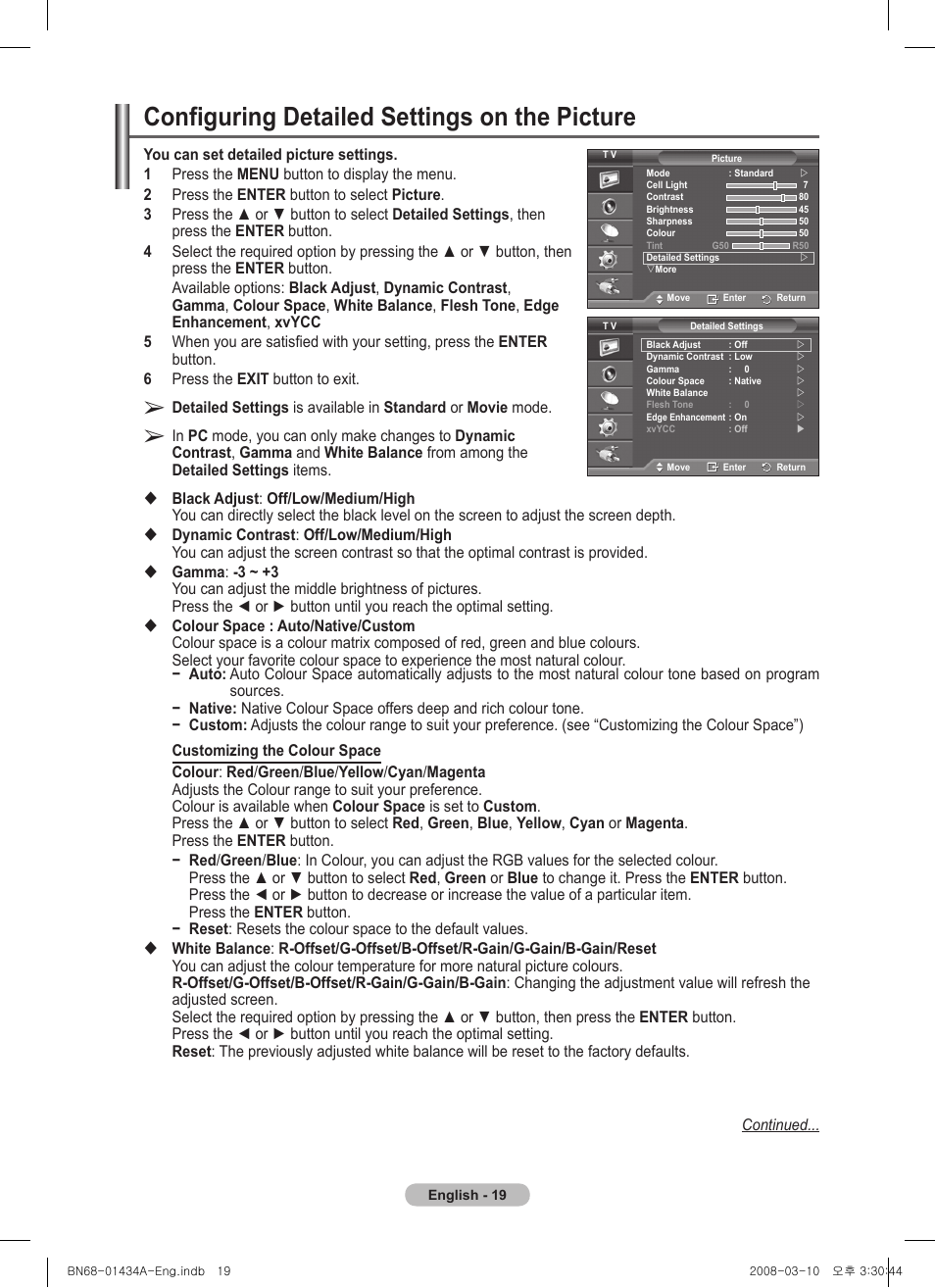 Configuring detailed settings on the picture | Samsung PS50A551S3R User Manual | Page 19 / 601