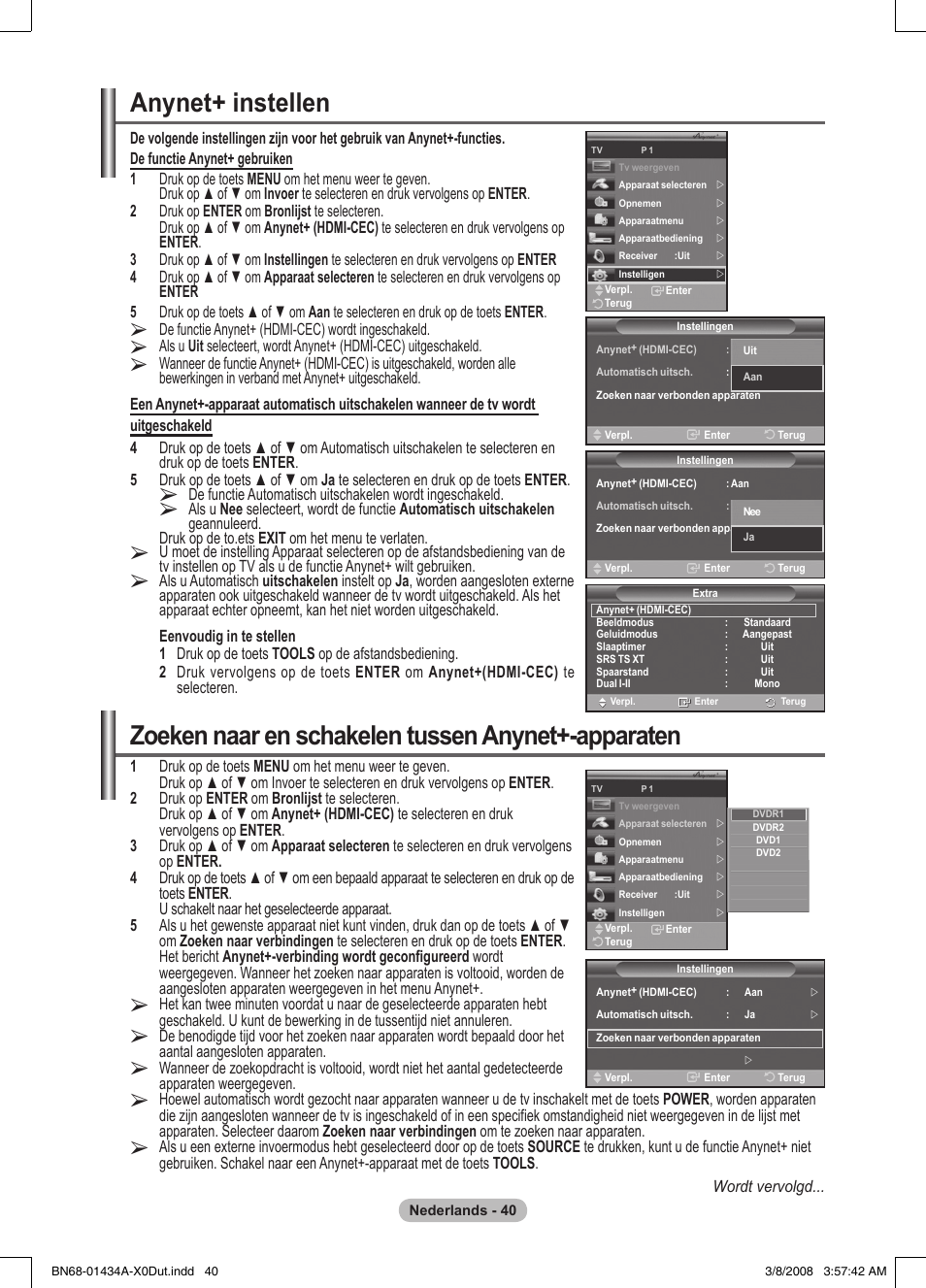 Anynet+ instellen, Zoeken naar en schakelen tussen anynet+-apparaten | Samsung PS50A551S3R User Manual | Page 191 / 601