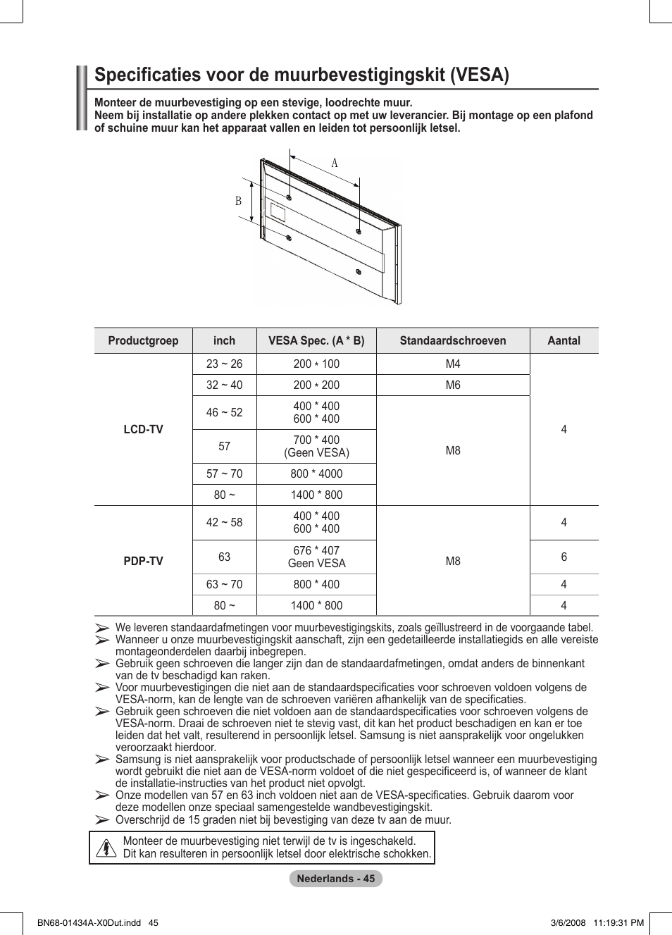 Specificaties voor de muurbevestigingskit (vesa) | Samsung PS50A551S3R User Manual | Page 196 / 601