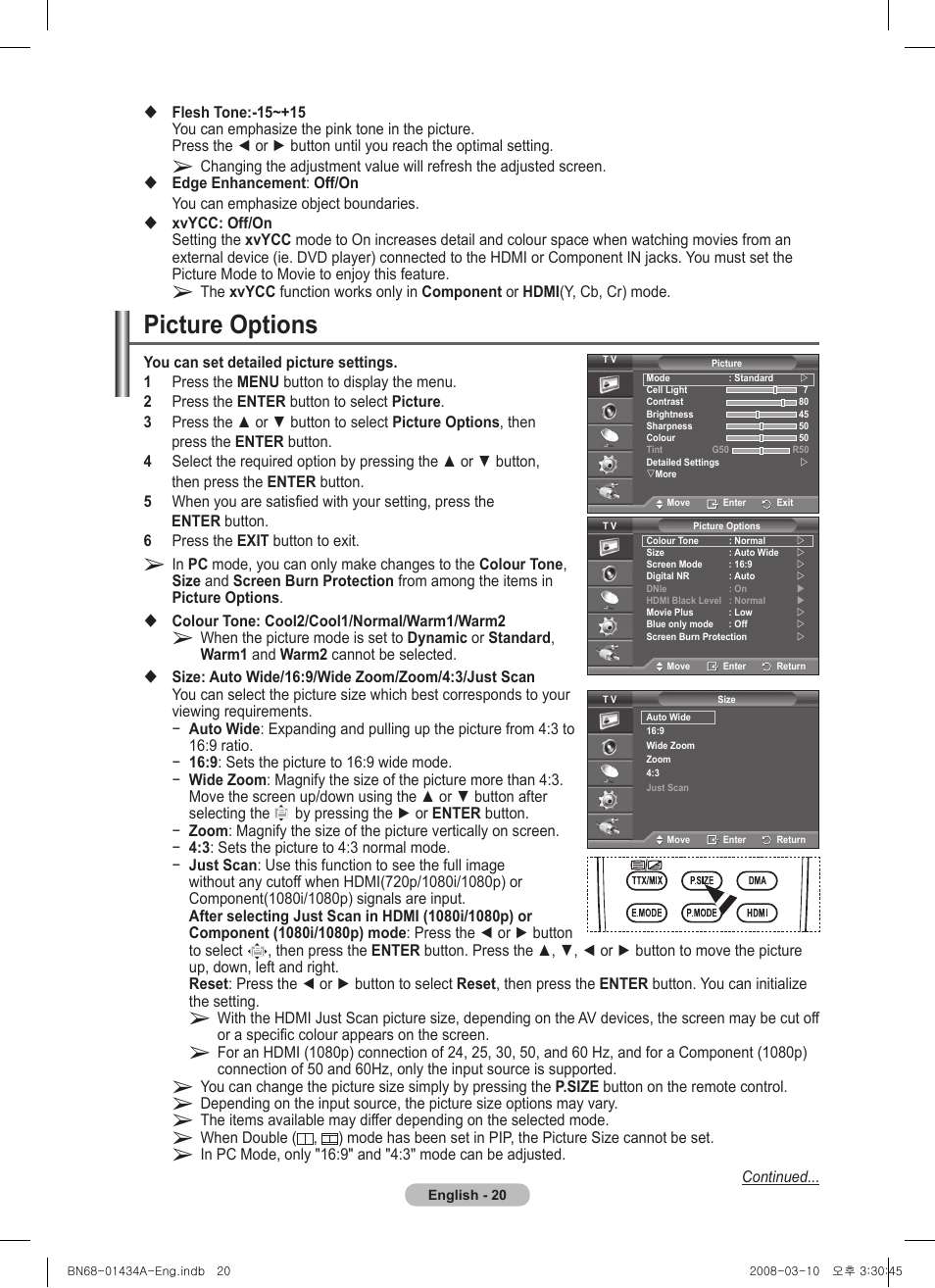 Picture options | Samsung PS50A551S3R User Manual | Page 20 / 601