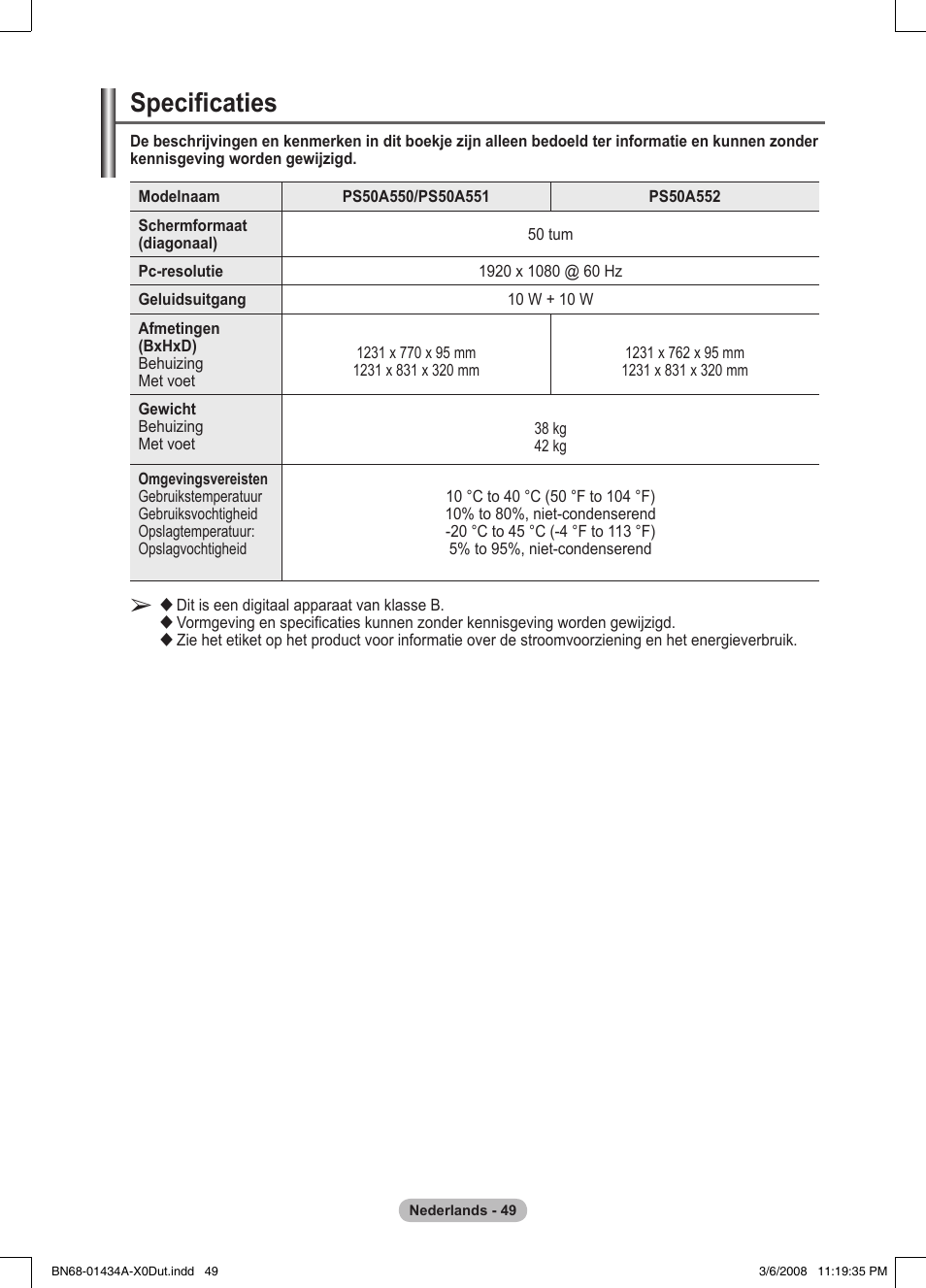 Specificaties | Samsung PS50A551S3R User Manual | Page 200 / 601