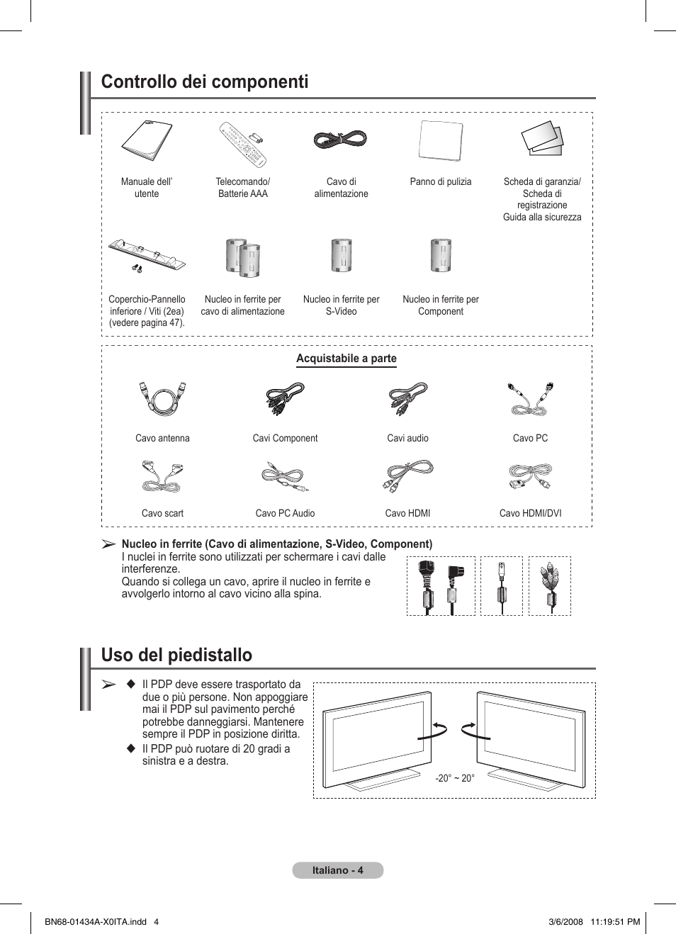Uso del piedistallo, Controllo dei componenti | Samsung PS50A551S3R User Manual | Page 205 / 601