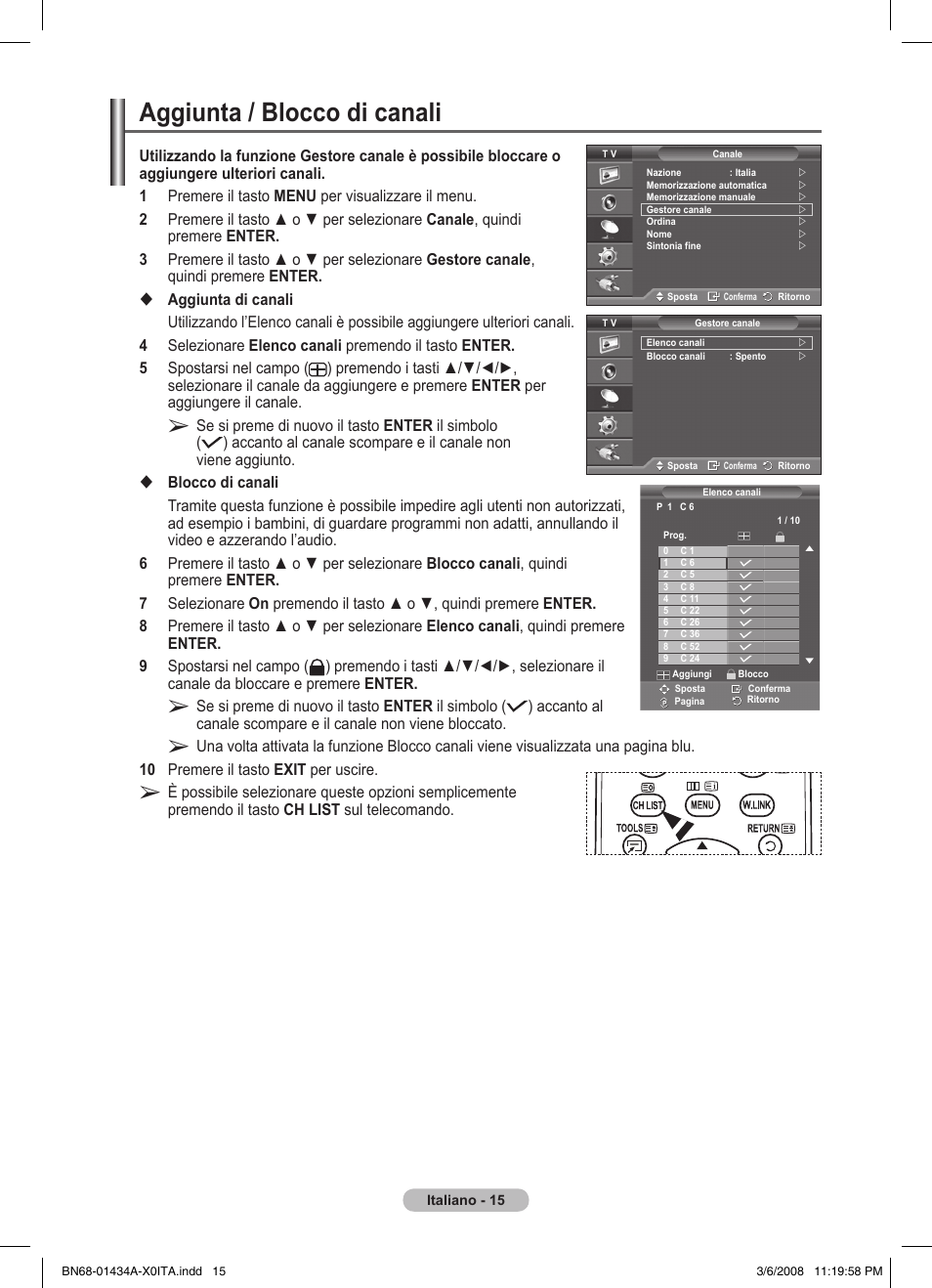 Aggiunta / blocco di canali | Samsung PS50A551S3R User Manual | Page 216 / 601