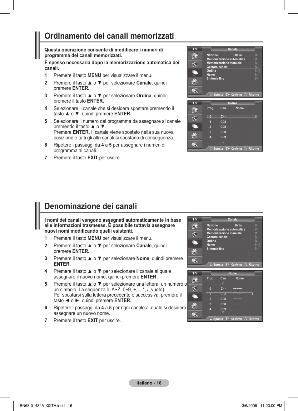 Denominazione dei canali | Samsung PS50A551S3R User Manual | Page 217 / 601