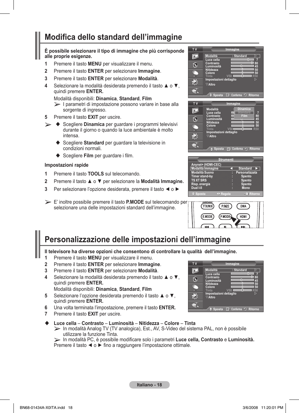 Modifica dello standard dell’immagine, Personalizzazione delle impostazioni dell’immagine | Samsung PS50A551S3R User Manual | Page 219 / 601