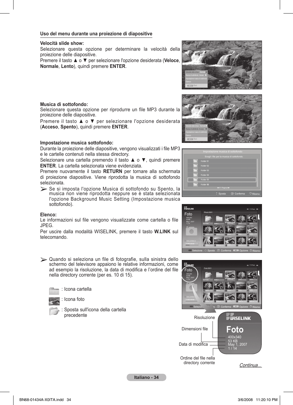 Foto, Continua, Italiano - 34 | Risoluzione data di modifica dimensioni file, Ordine del file nella directory corrente | Samsung PS50A551S3R User Manual | Page 235 / 601