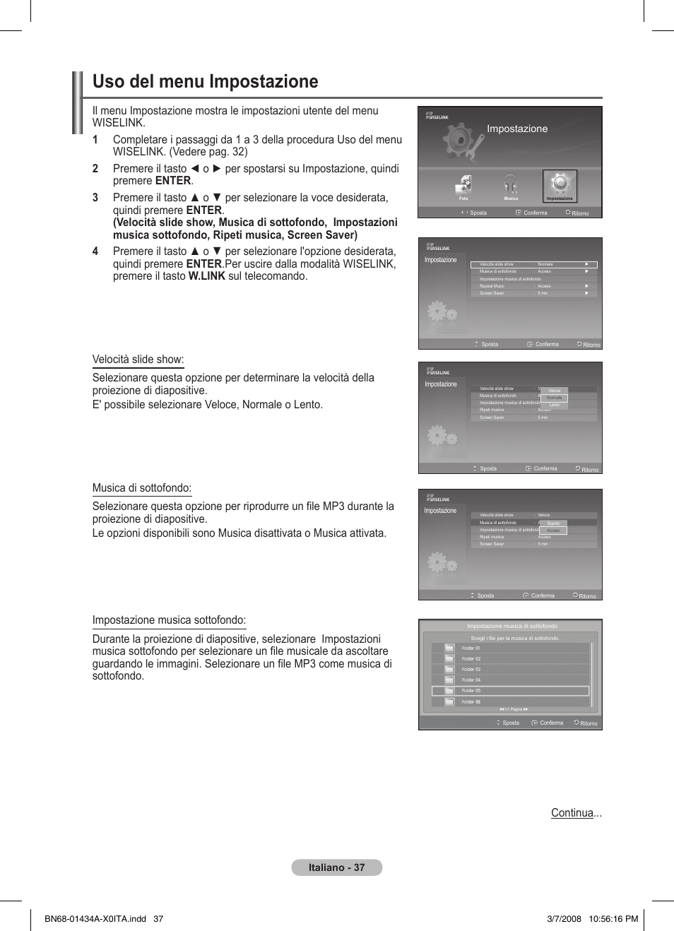 Uso del menu impostazione, Italiano - 37, Impostazione | Samsung PS50A551S3R User Manual | Page 238 / 601