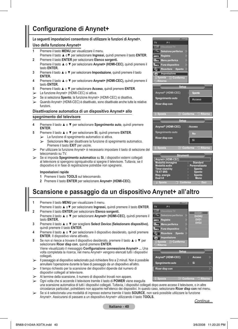 Configurazione di anynet, Continua | Samsung PS50A551S3R User Manual | Page 241 / 601