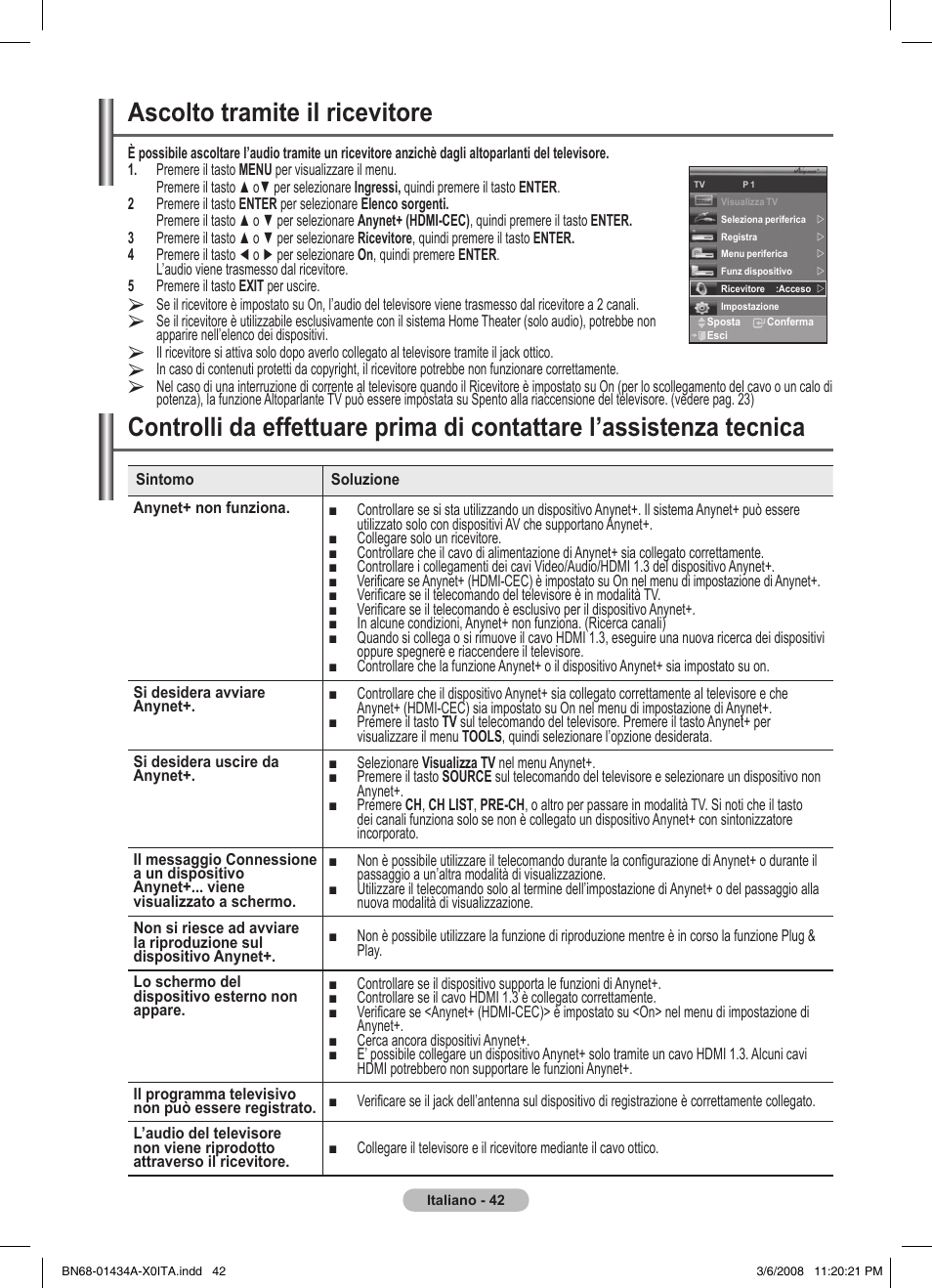 Ascolto tramite il ricevitore | Samsung PS50A551S3R User Manual | Page 243 / 601