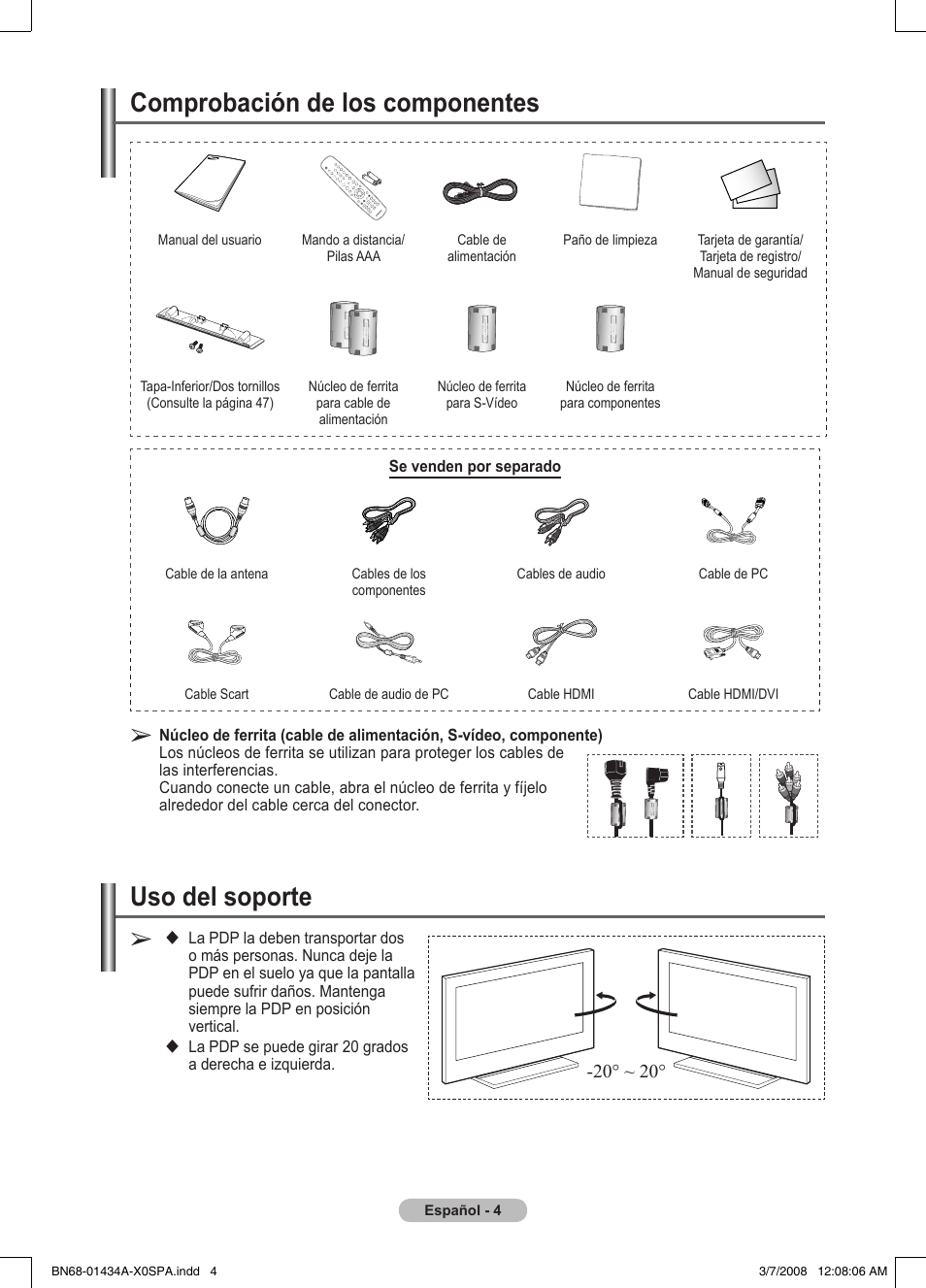 Uso del soporte, Comprobación de los componentes | Samsung PS50A551S3R User Manual | Page 255 / 601