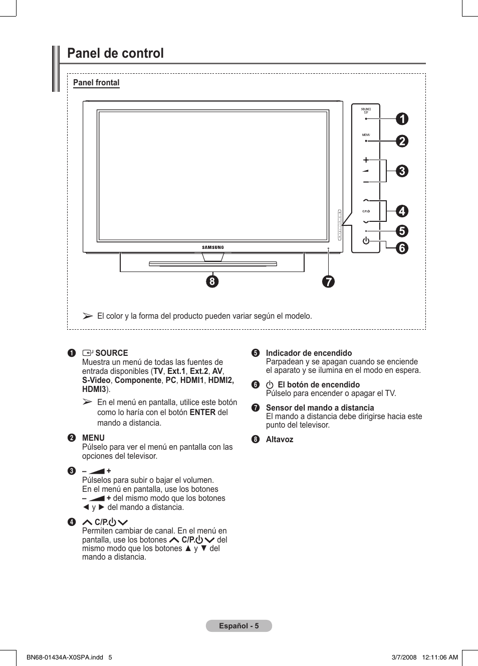 Panel de control | Samsung PS50A551S3R User Manual | Page 256 / 601