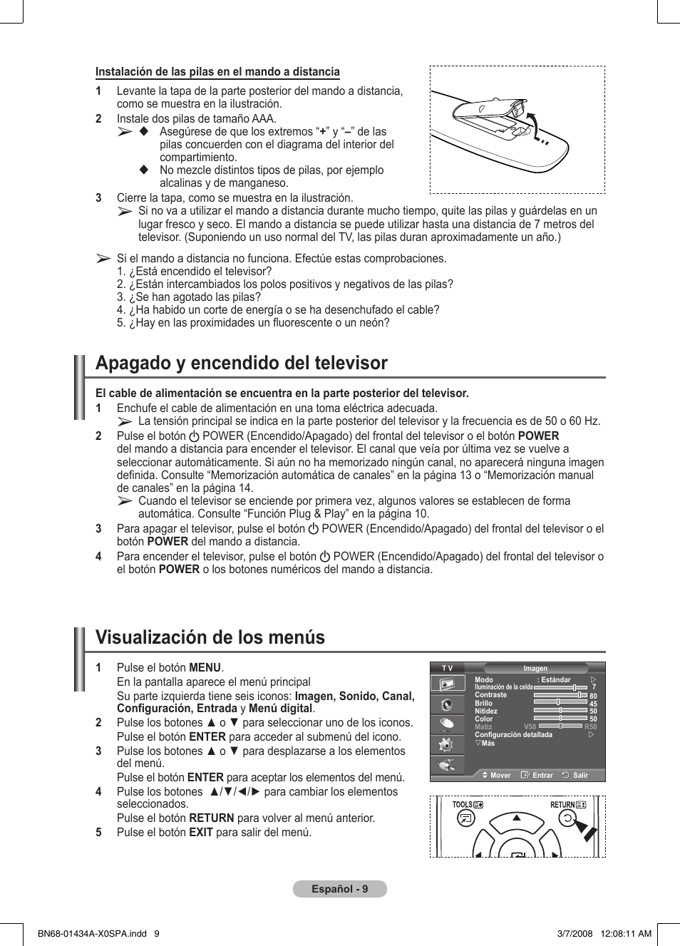 Apagado y encendido del televisor, Visualización de los menús | Samsung PS50A551S3R User Manual | Page 260 / 601