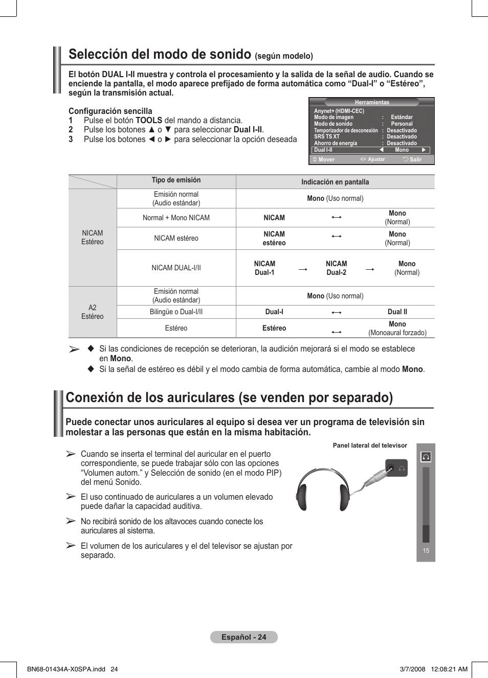 Selección del modo de sonido | Samsung PS50A551S3R User Manual | Page 275 / 601