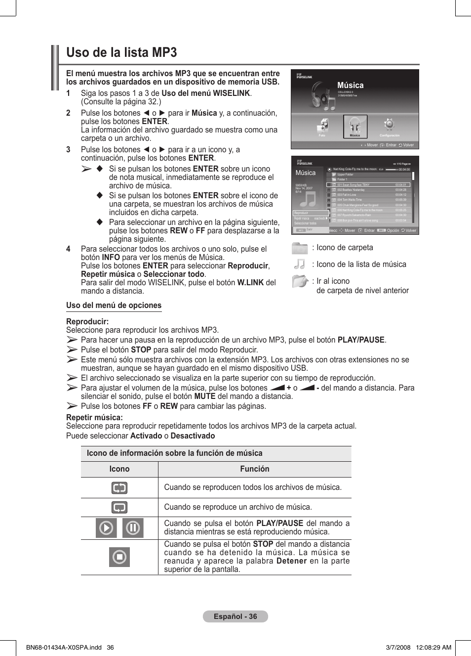 Uso de la lista mp3 | Samsung PS50A551S3R User Manual | Page 287 / 601