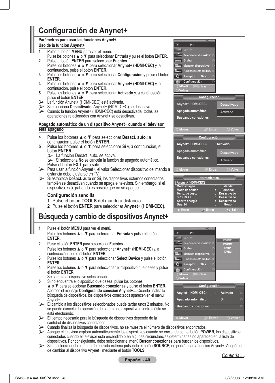 Configuración de anynet, Búsqueda y cambio de dispositivos anynet | Samsung PS50A551S3R User Manual | Page 291 / 601