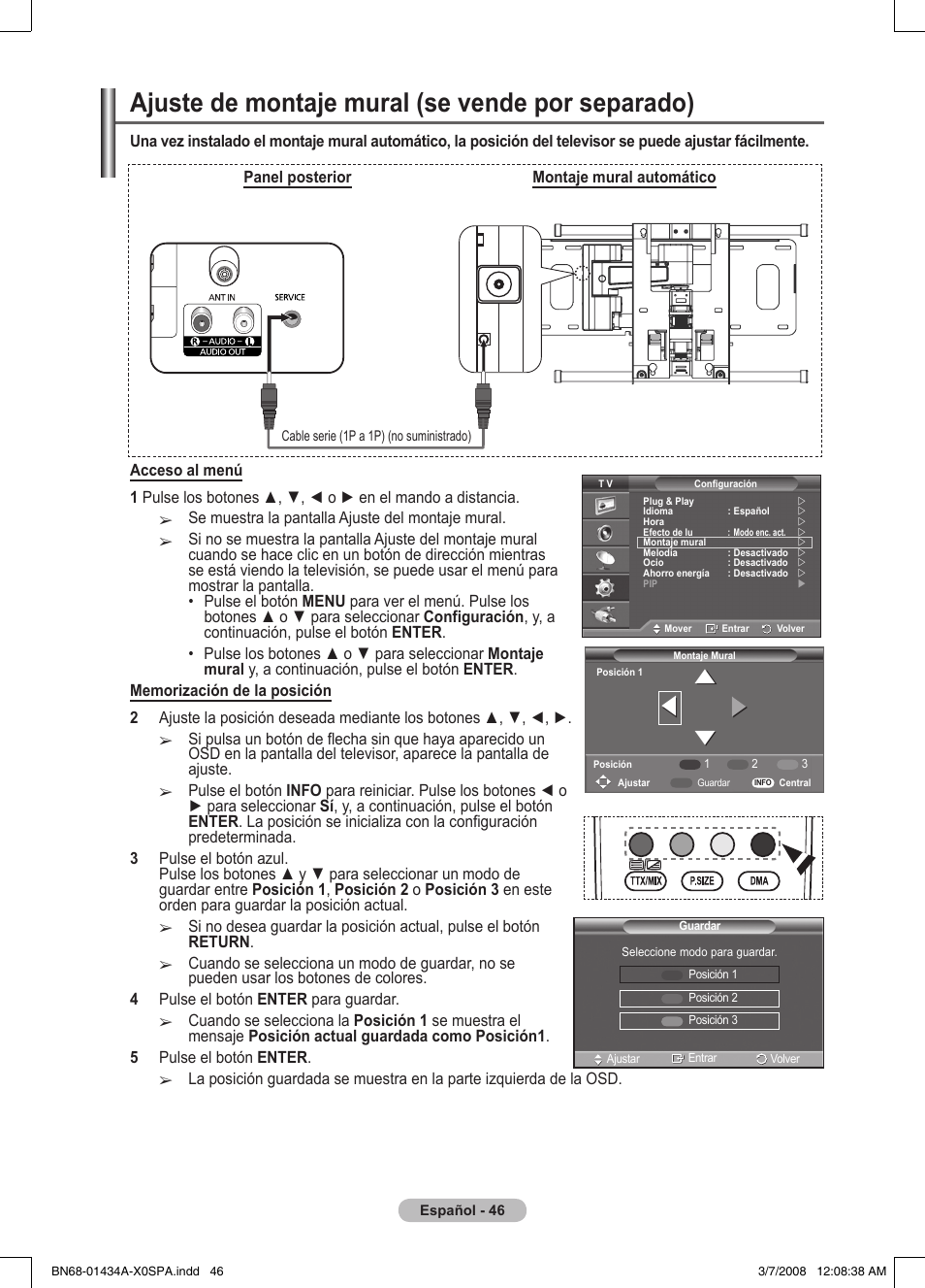 Ajuste de montaje mural (se vende por separado) | Samsung PS50A551S3R User Manual | Page 297 / 601