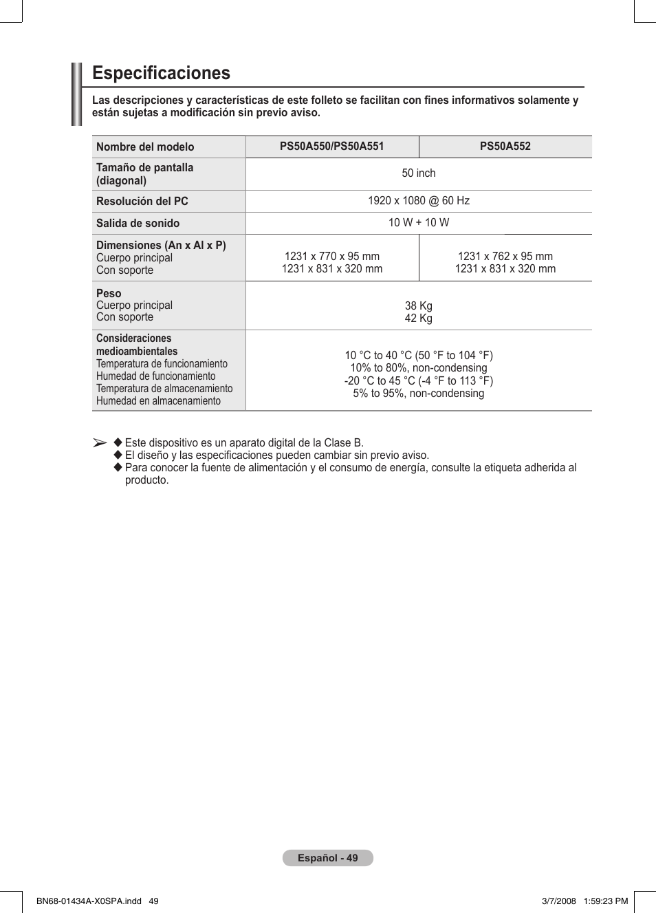 Especificaciones | Samsung PS50A551S3R User Manual | Page 300 / 601