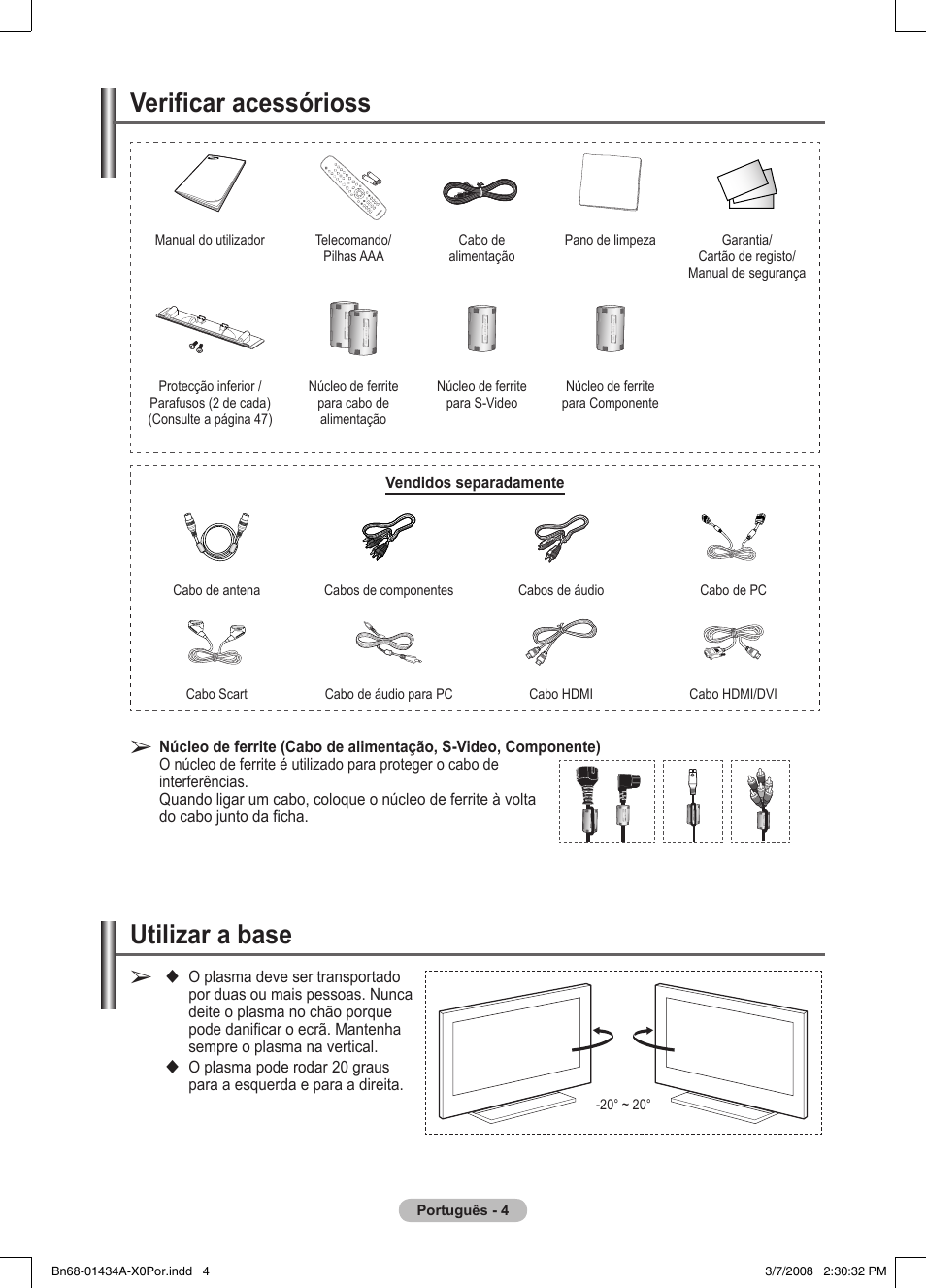 Utilizar a base, Verificar acessórioss | Samsung PS50A551S3R User Manual | Page 305 / 601