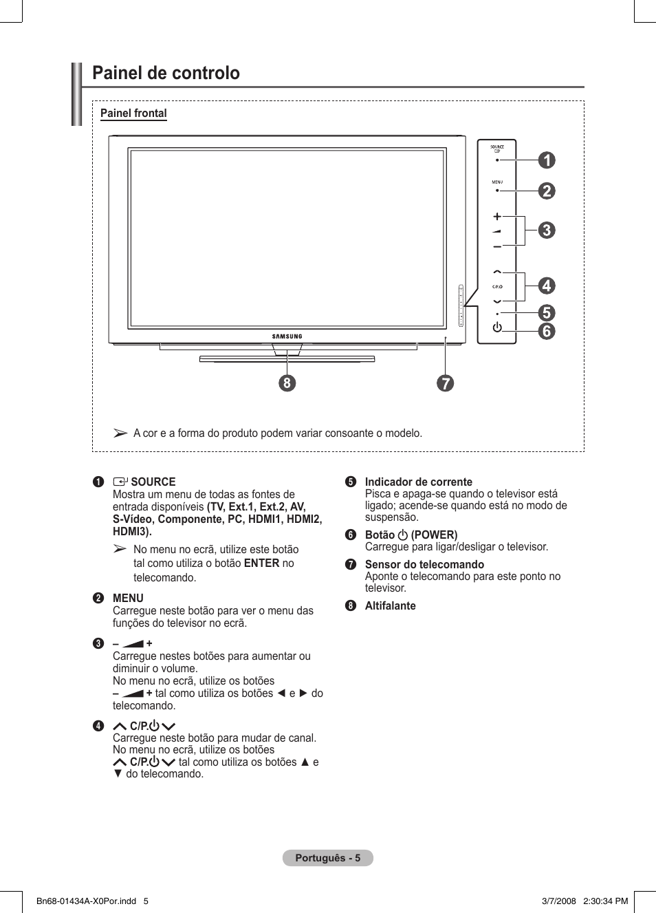 Painel de controlo | Samsung PS50A551S3R User Manual | Page 306 / 601