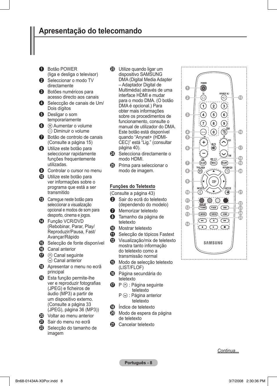 Apresentação do telecomando | Samsung PS50A551S3R User Manual | Page 309 / 601