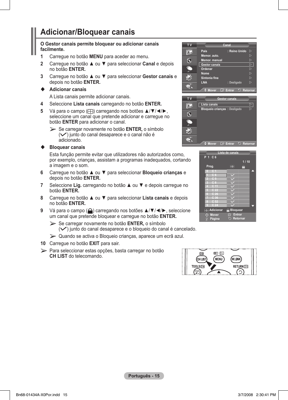 Adicionar/bloquear canais | Samsung PS50A551S3R User Manual | Page 316 / 601