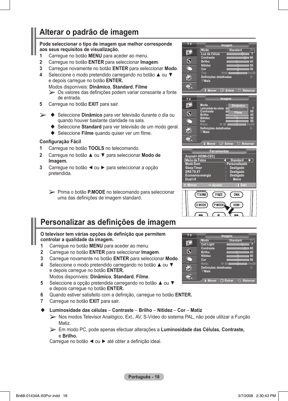 Personalizar as definições de imagem, Alterar o padrão de imagem | Samsung PS50A551S3R User Manual | Page 319 / 601