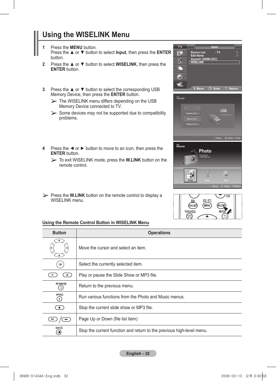 Using the wiselink menu | Samsung PS50A551S3R User Manual | Page 32 / 601