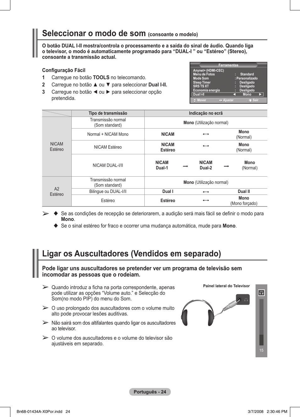 Seleccionar o modo de som, Ligar os auscultadores (vendidos em separado) | Samsung PS50A551S3R User Manual | Page 325 / 601