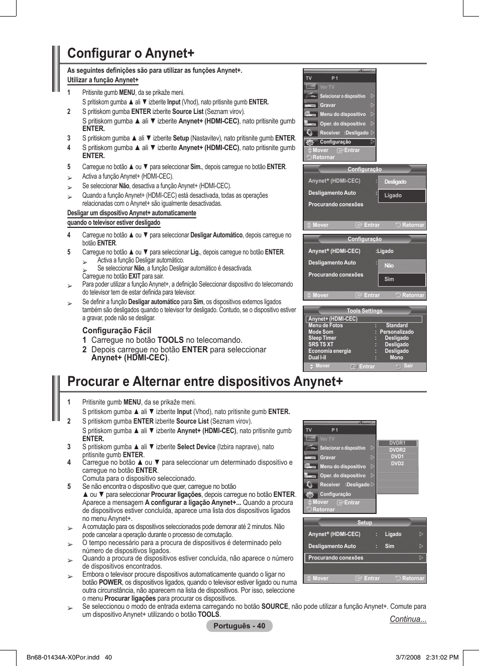 Configurar o anynet, Procurar e alternar entre dispositivos anynet, Continua | Samsung PS50A551S3R User Manual | Page 341 / 601