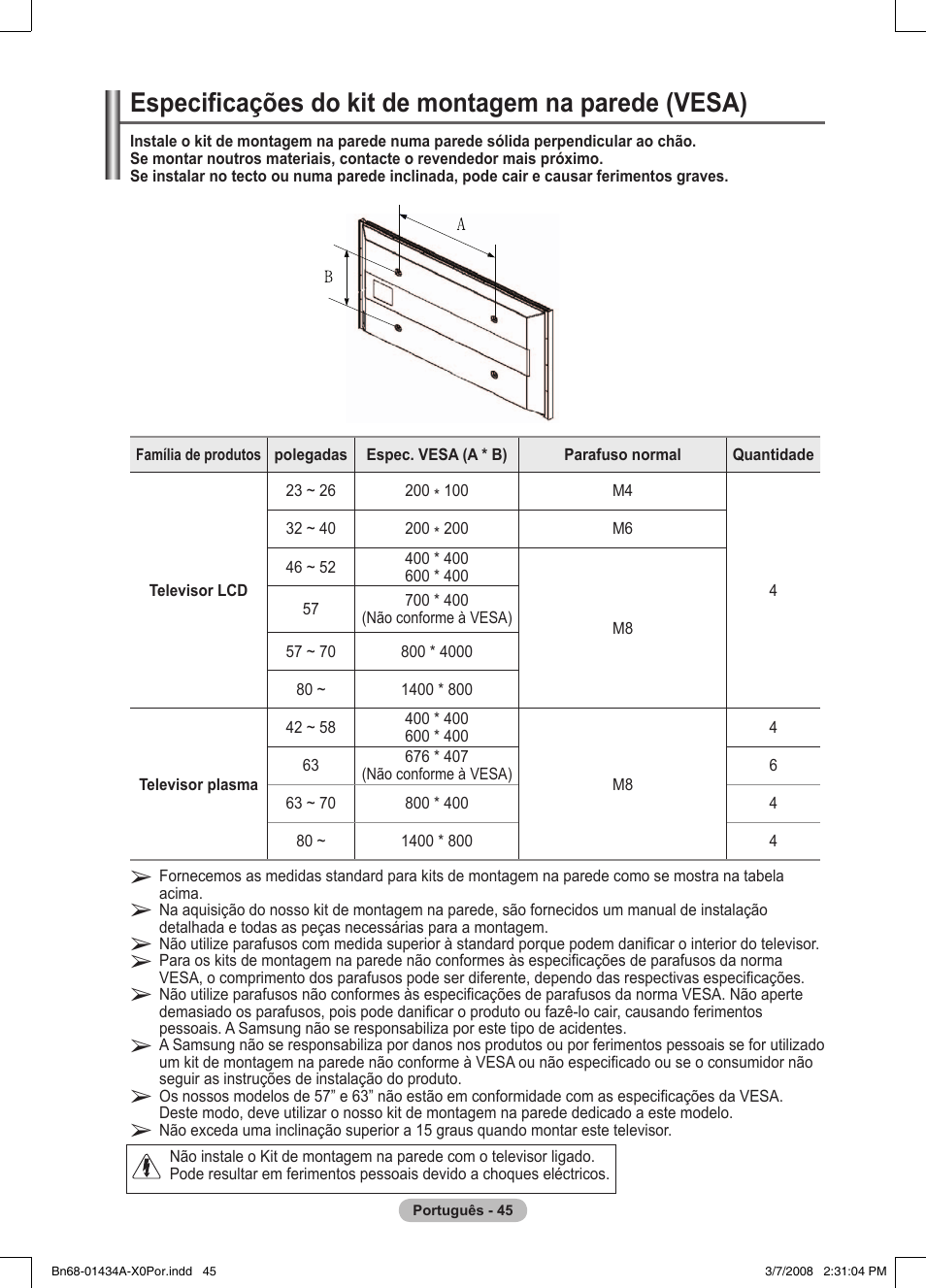 Especificações do kit de montagem na parede (vesa) | Samsung PS50A551S3R User Manual | Page 346 / 601