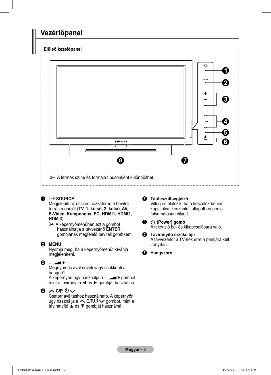 Vezérlőpanel | Samsung PS50A551S3R User Manual | Page 356 / 601