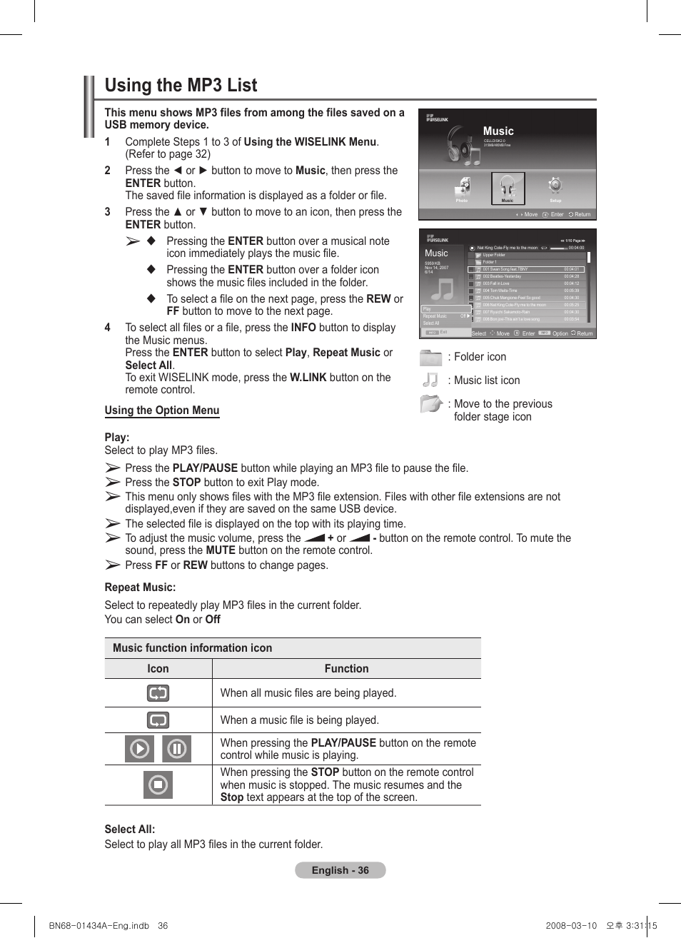 Using the mp3 list, Using the mp list | Samsung PS50A551S3R User Manual | Page 36 / 601