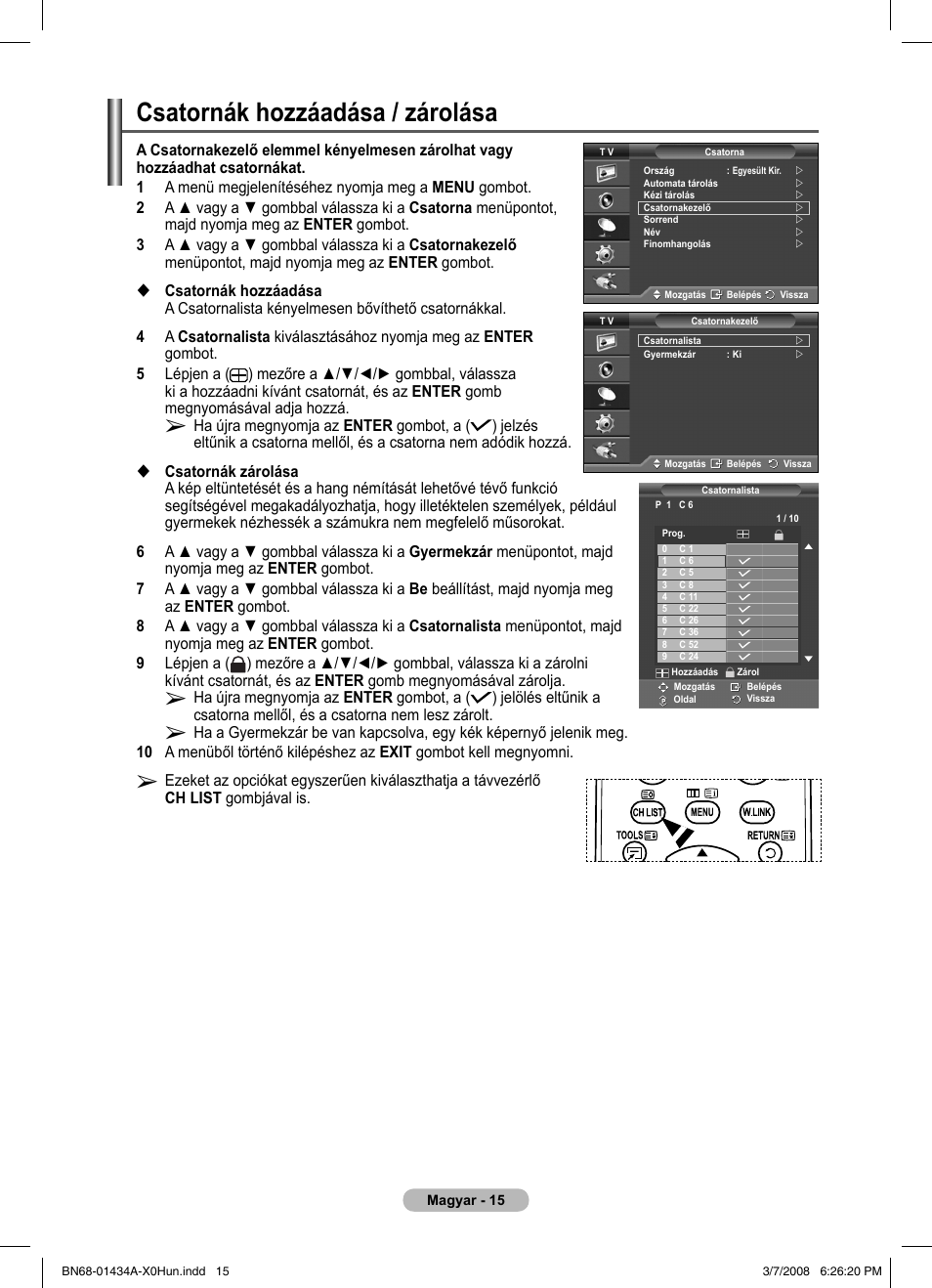 Csatornák hozzáadása / zárolása | Samsung PS50A551S3R User Manual | Page 366 / 601