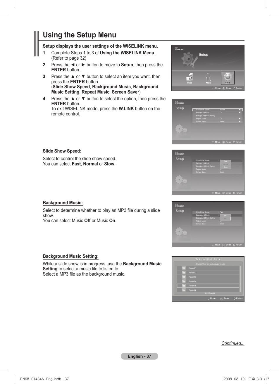 Using the setup menu, English | Samsung PS50A551S3R User Manual | Page 37 / 601