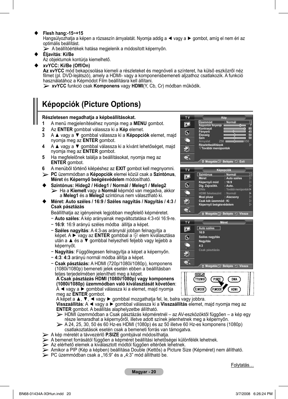 Képopciók (picture options) | Samsung PS50A551S3R User Manual | Page 371 / 601