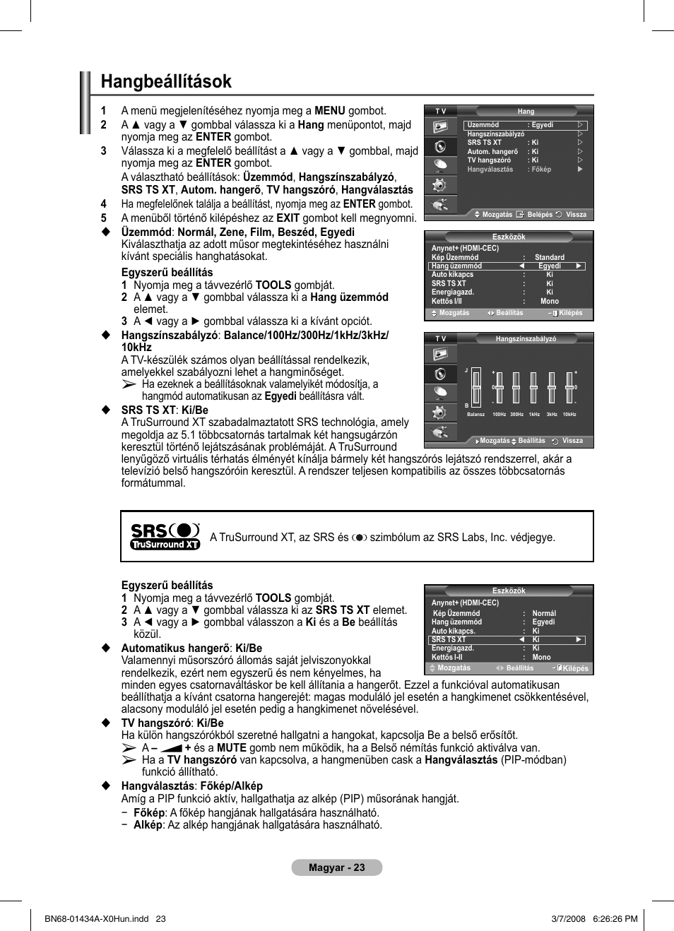 Hangbeállítások | Samsung PS50A551S3R User Manual | Page 374 / 601