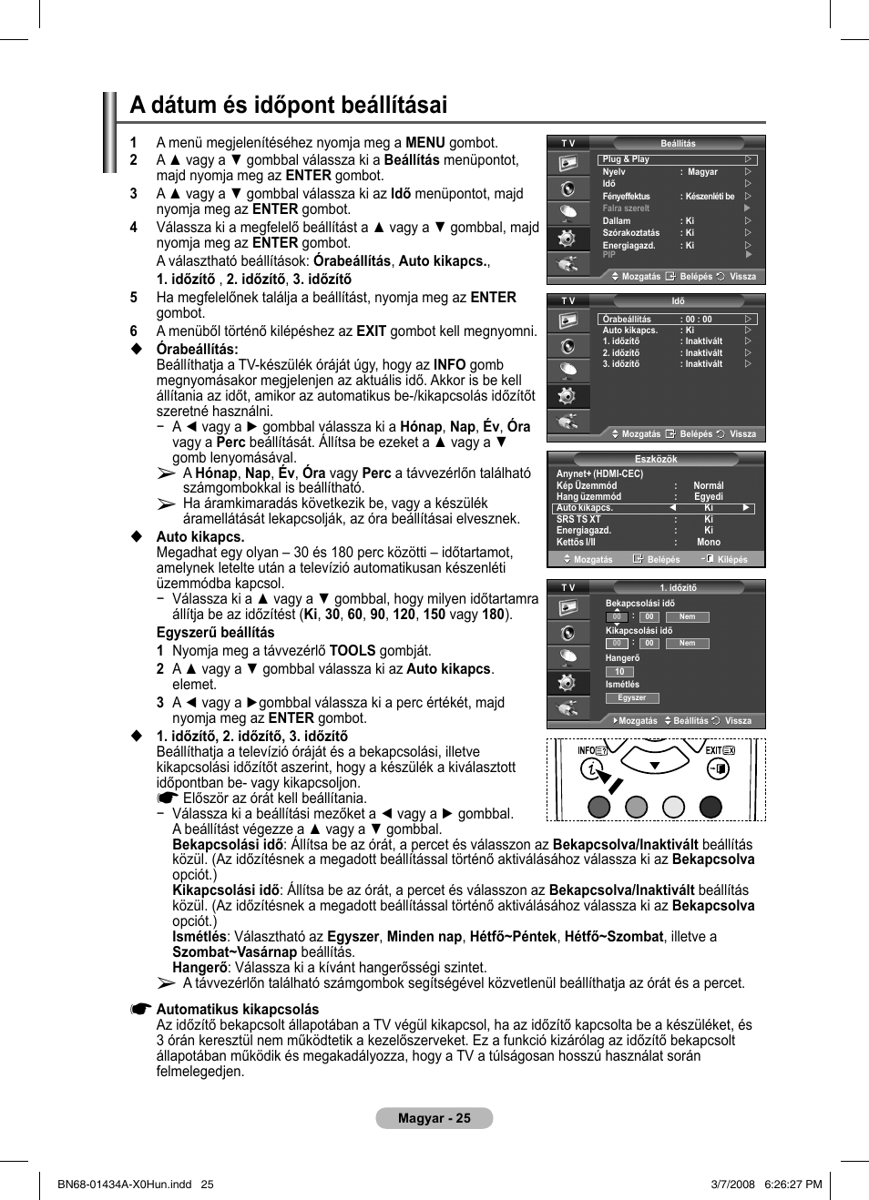 A dátum és időpont beállításai | Samsung PS50A551S3R User Manual | Page 376 / 601