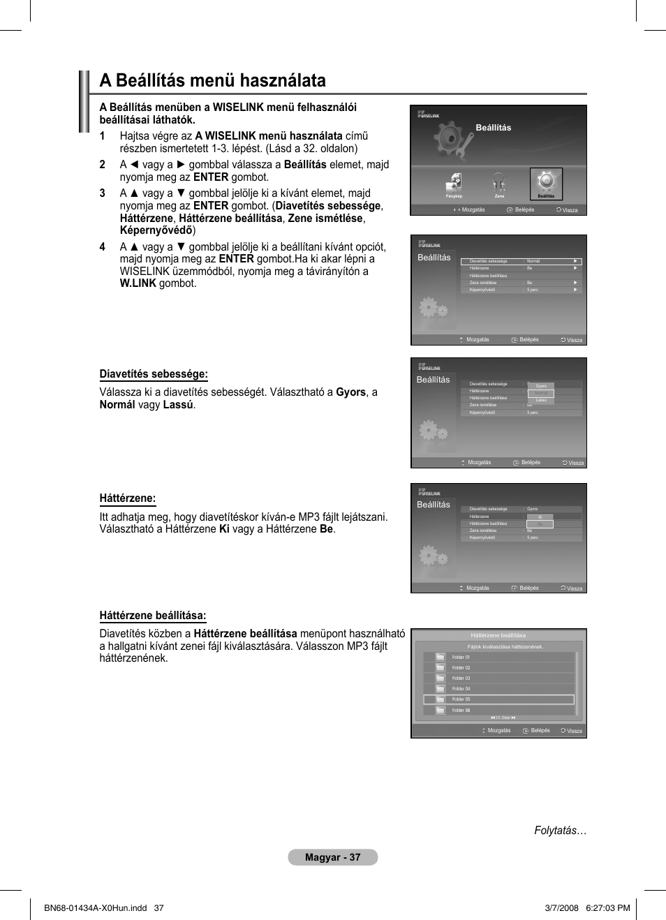 A beállítás menü használata, Magyar - 37 | Samsung PS50A551S3R User Manual | Page 388 / 601