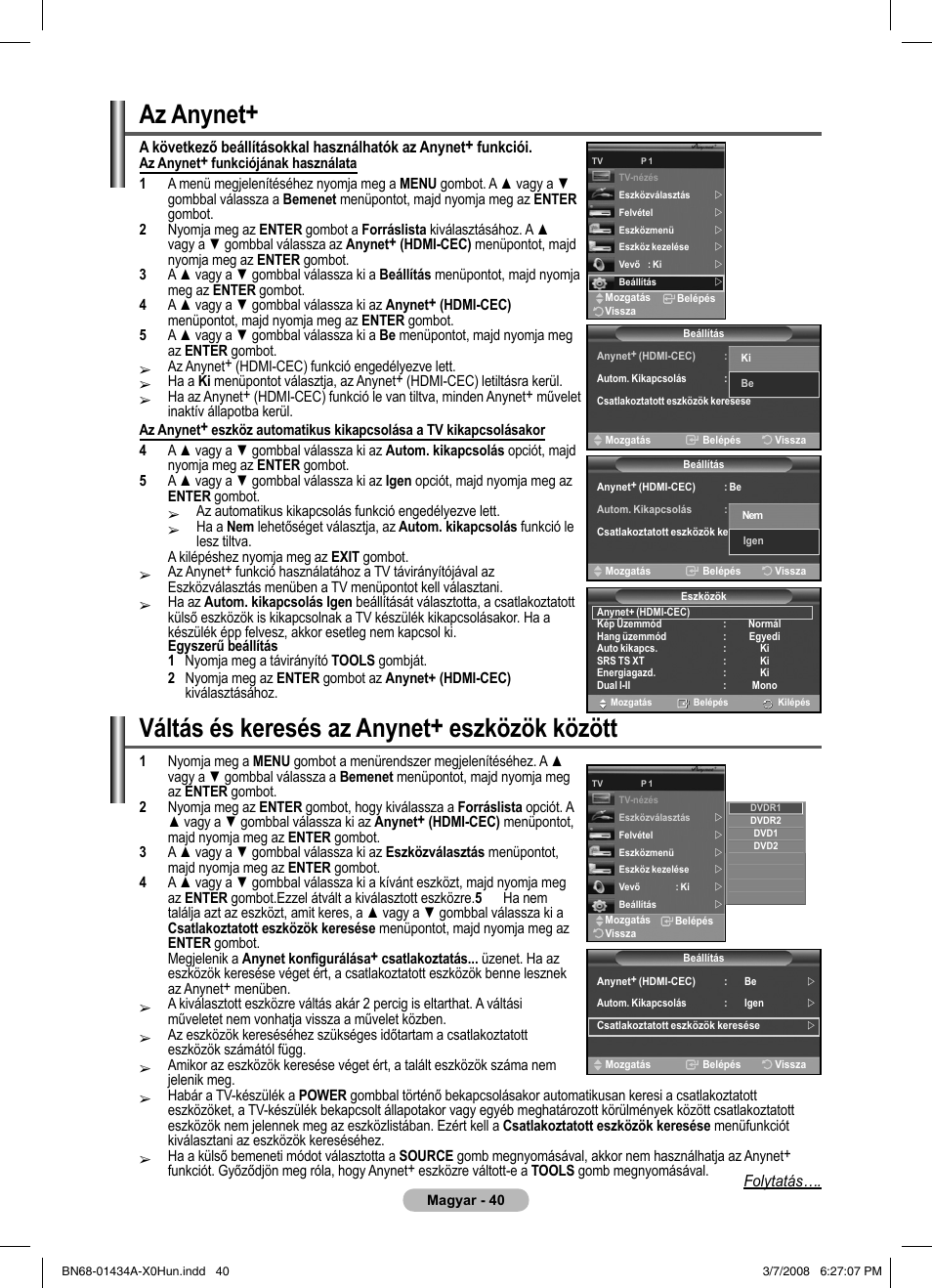 Az anynet, Váltás és keresés az anynet+ eszközök között | Samsung PS50A551S3R User Manual | Page 391 / 601